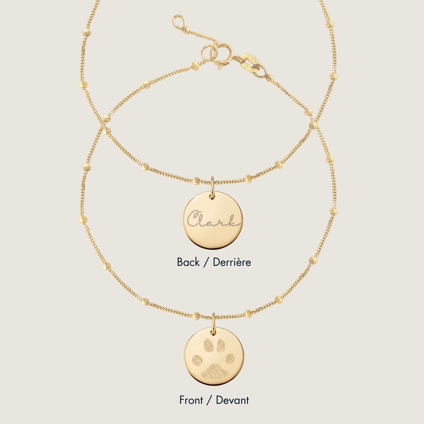 10K solid gold Actual Dog’s Paw print Personalized Custom Memorial Double Sided Engraved Bracelet