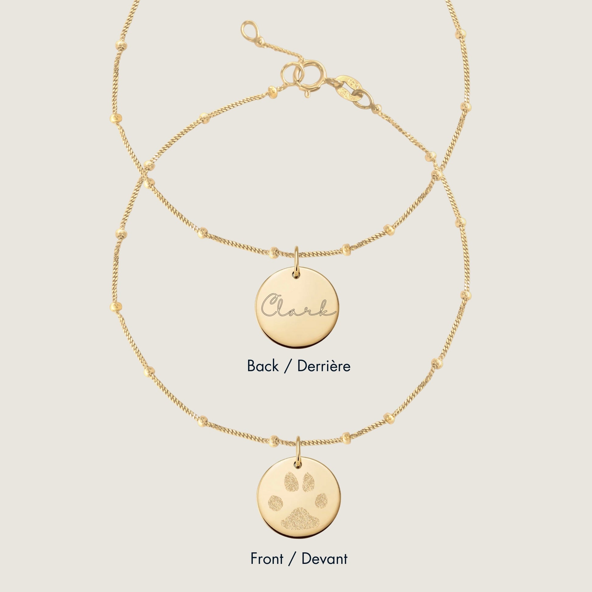 10K solid gold Actual Dog’s Paw print Personalized Custom Memorial Double Sided Engraved Bracelet