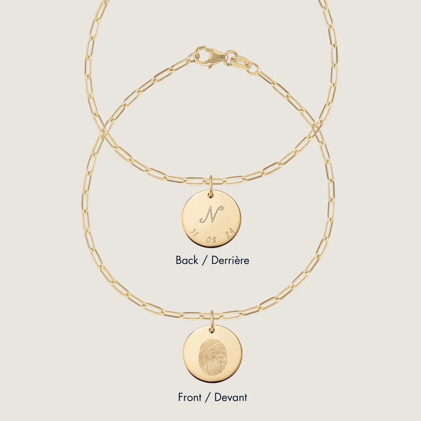 10K solid gold Actual Fingerprint Personalized Custom Engraved Double Sided Paperclip Bracelet