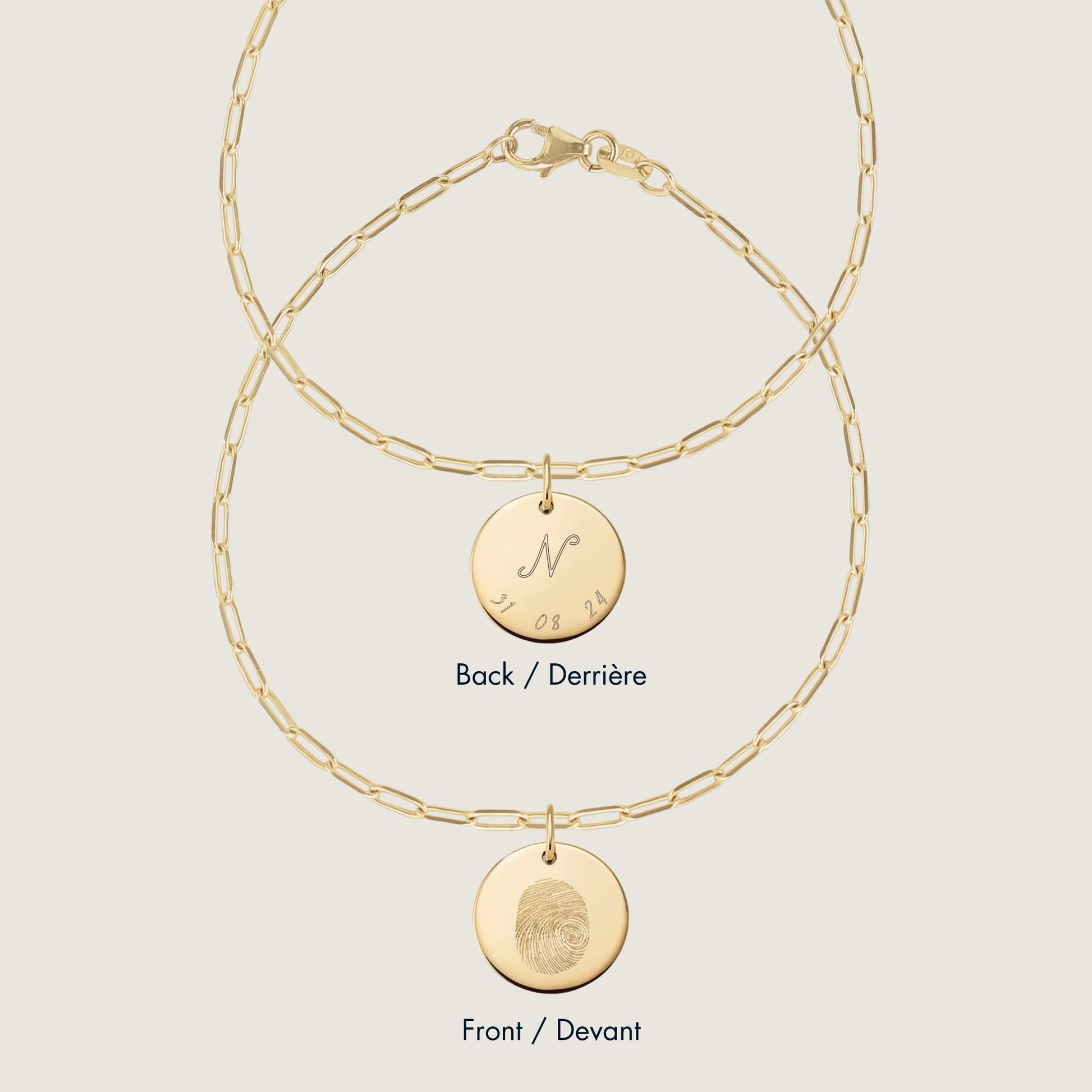 10K solid gold Actual Fingerprint Personalized Custom Engraved Double Sided Paperclip Bracelet