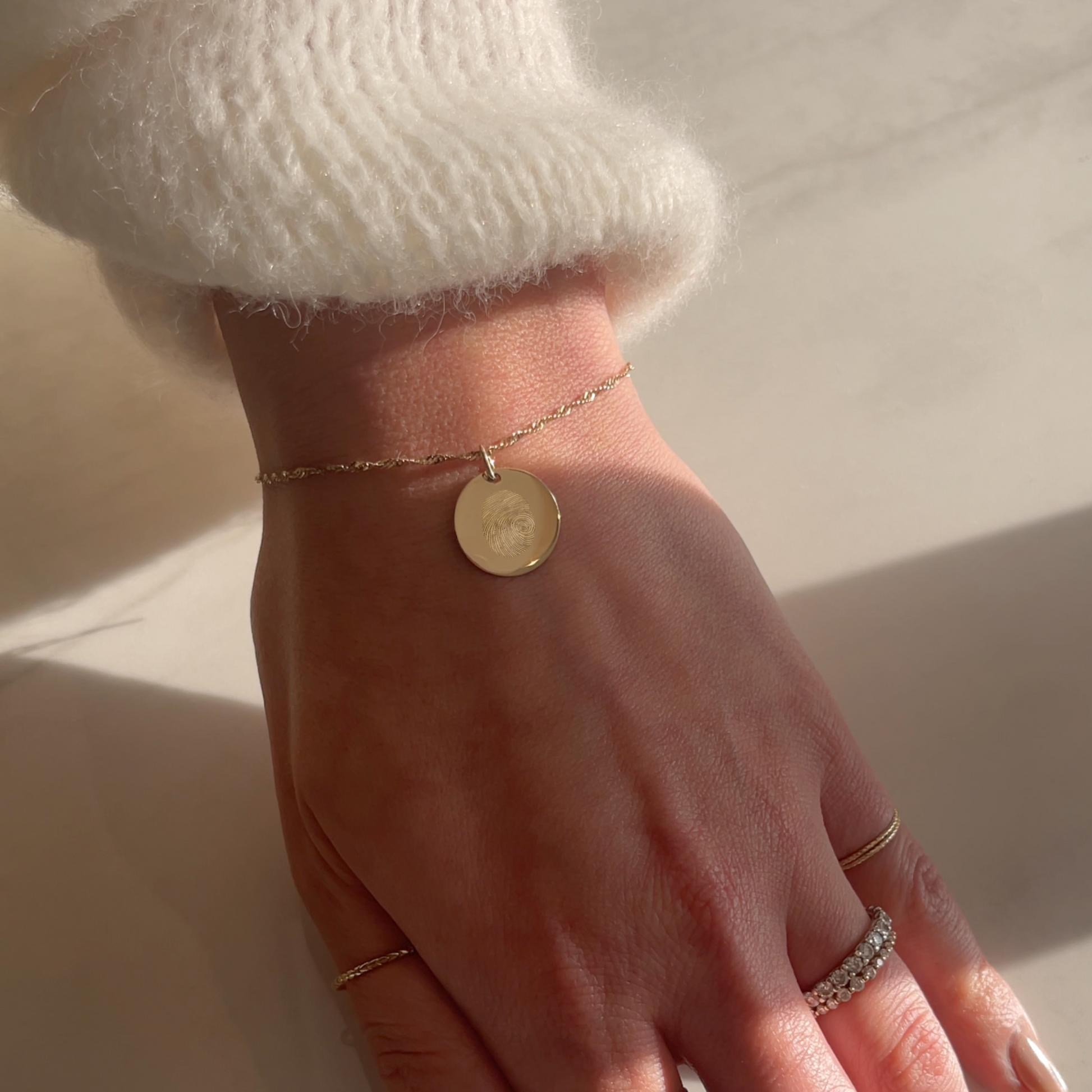 10K solid gold Actual Fingerprint Personalized Custom Memorial Engraved Bracelet with Twisted chain  on wrist