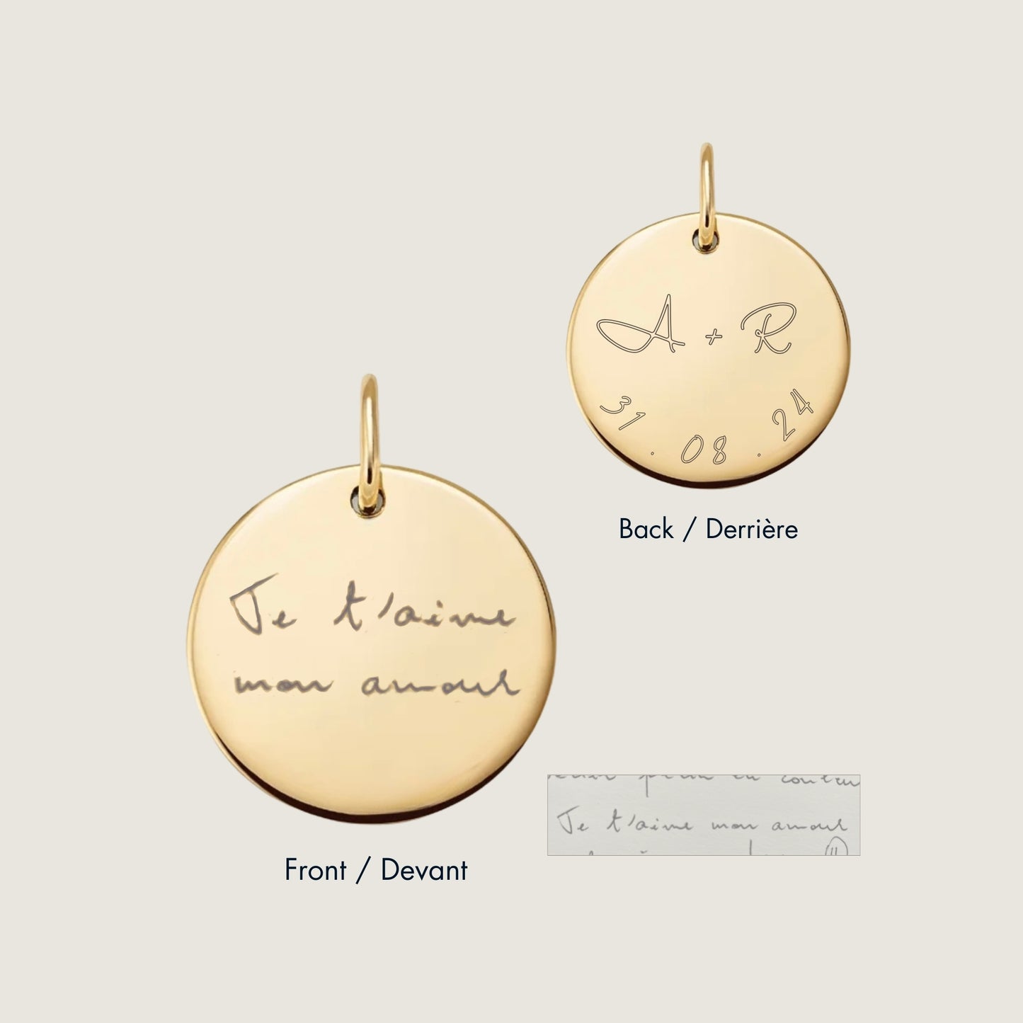 10K solid gold Actual Handwriting Personalized Custom Memorial Double Sided Engraved Pendant