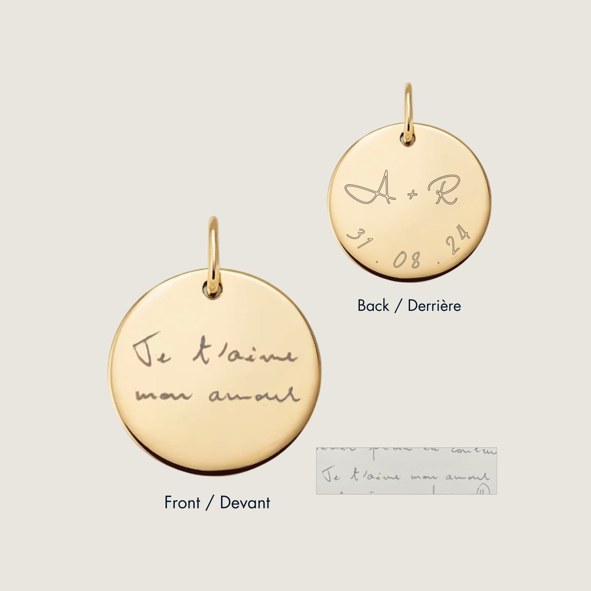 10K solid gold Actual Handwriting Personalized Custom Memorial Double Sided Engraved Pendant