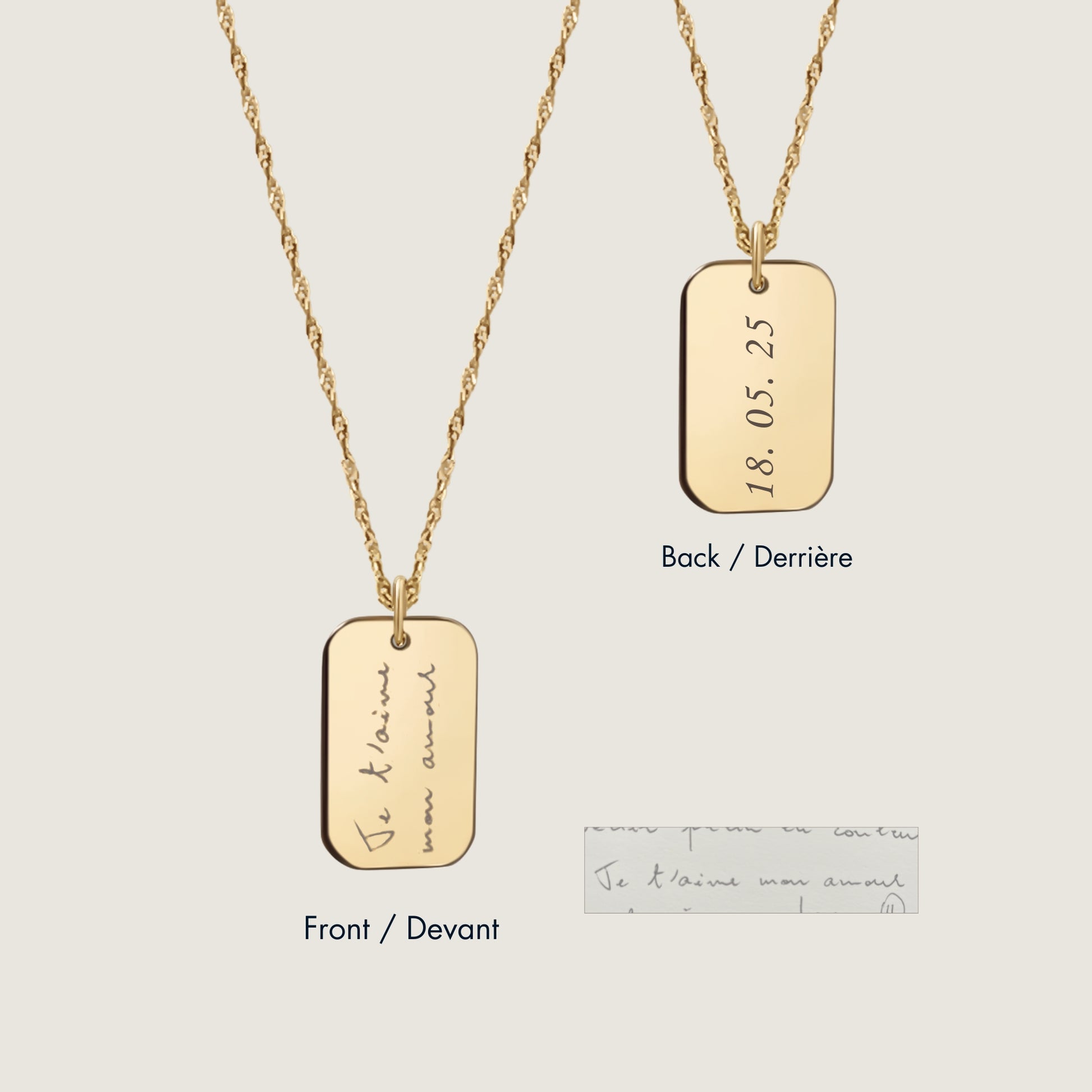 10K solid gold Actual Handwriting Personalized Custom Memorial Double sided Engraved Rectangle Twisted Chain Necklace
