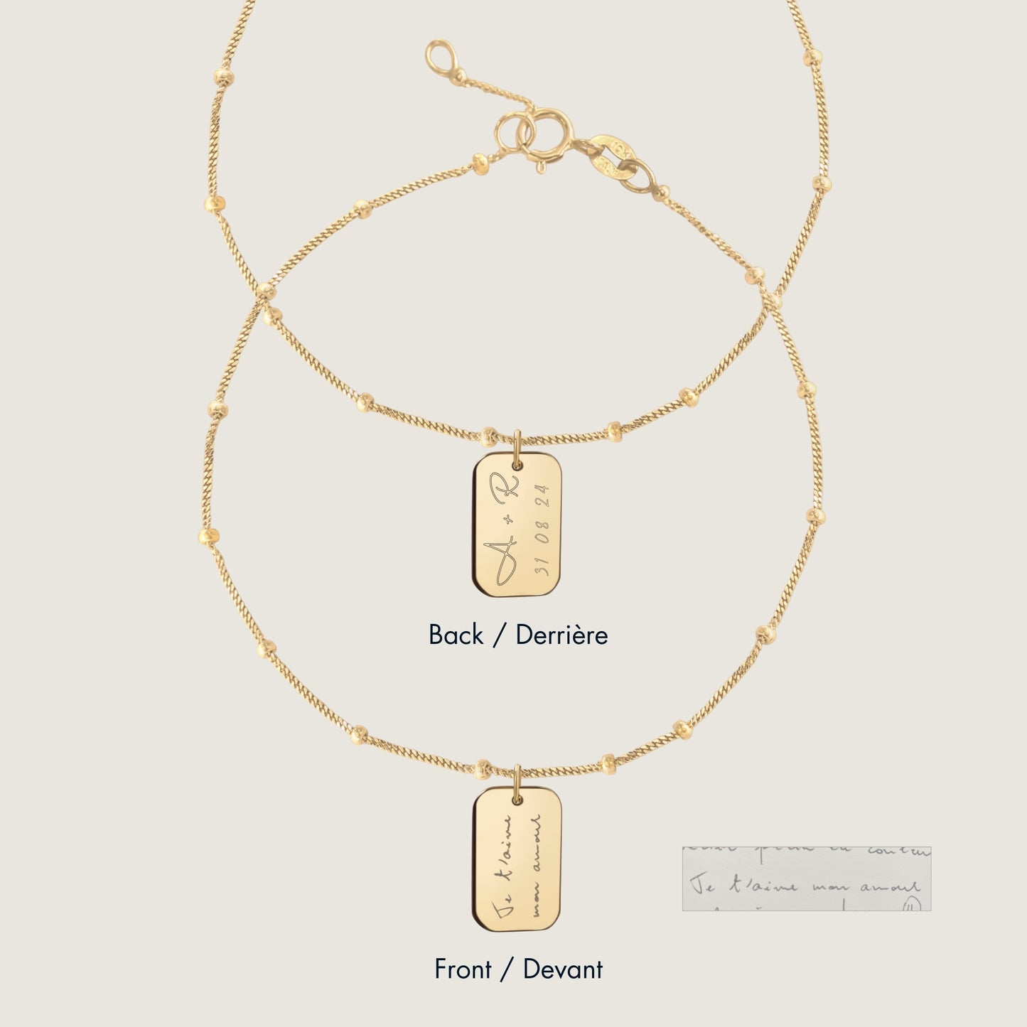 10K solid gold Actual Handwriting Personalized Custom Memorial Engraved Double Sided Rectangle Sphere Bracelet