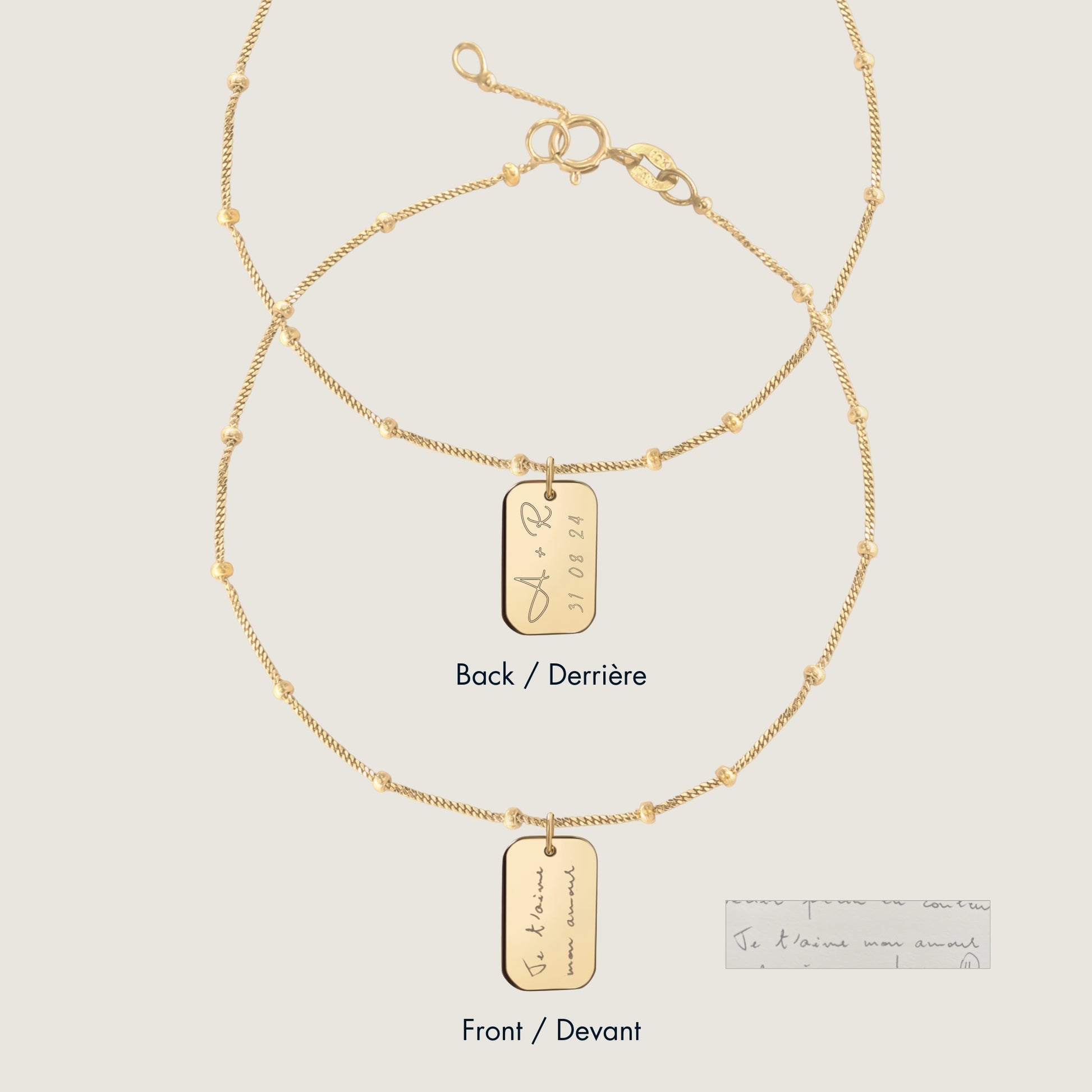 10K solid gold Actual Handwriting Personalized Custom Memorial Engraved Double Sided Rectangle Sphere Bracelet