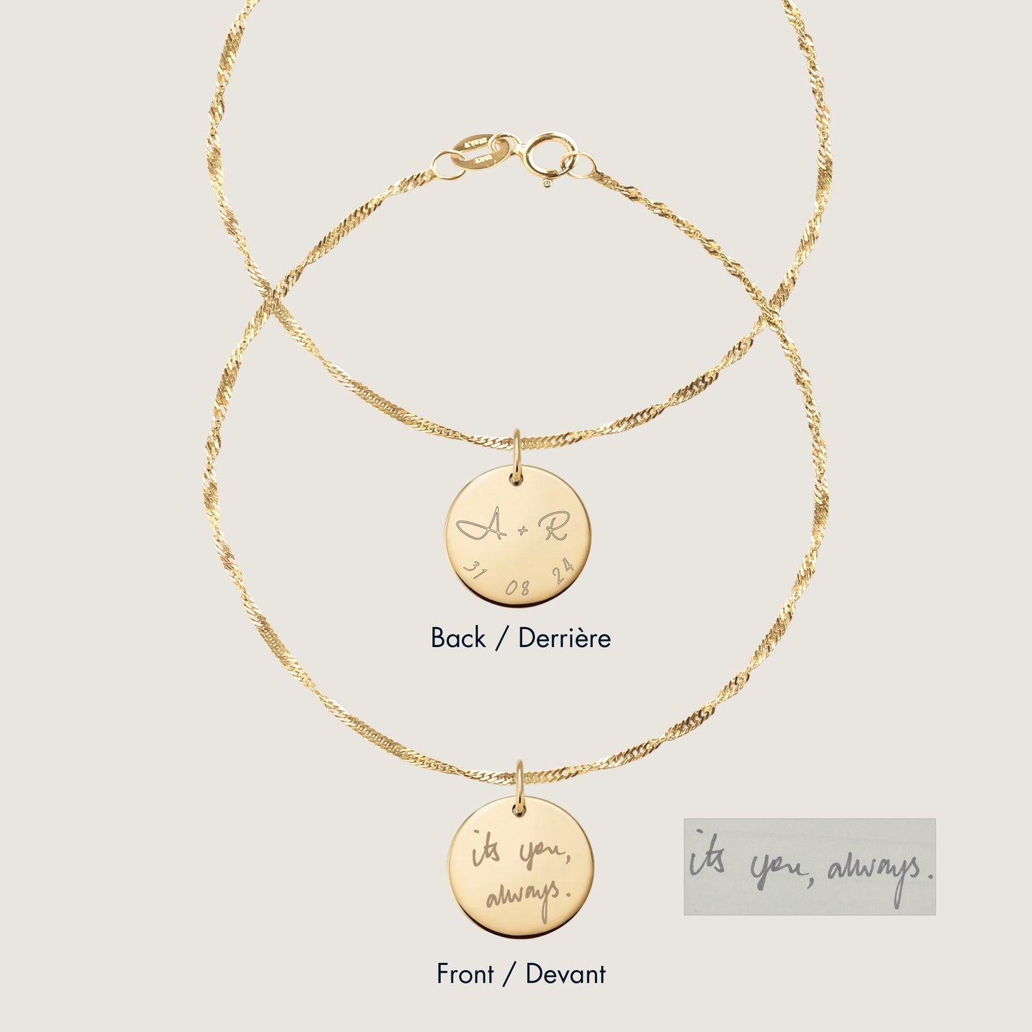 10K solid gold Actual Handwriting Personalized Custom Memorial Engraved Double Sided Twisted Bracelet