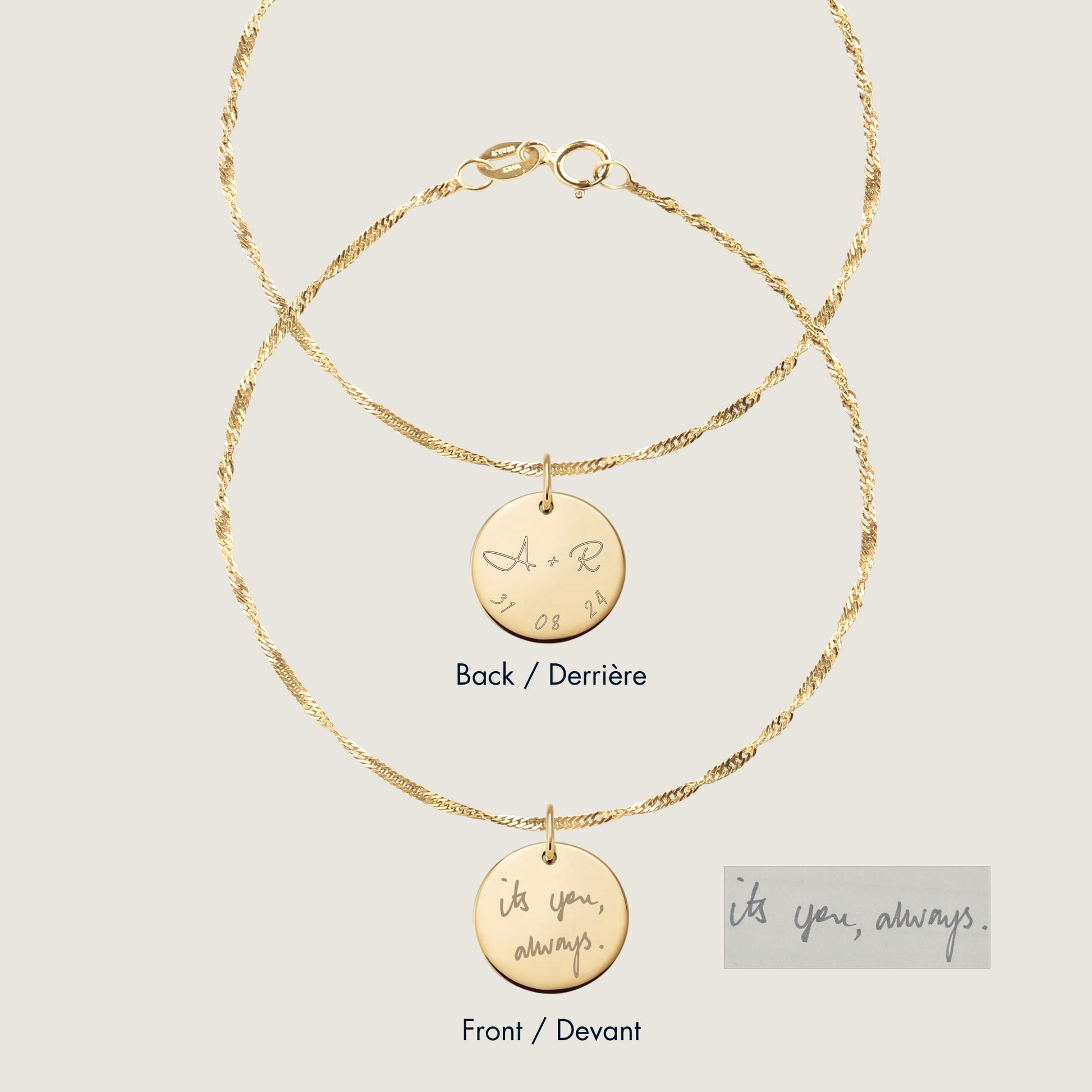 10K solid gold Actual Handwriting Personalized Custom Memorial Engraved Double Sided Twisted Bracelet