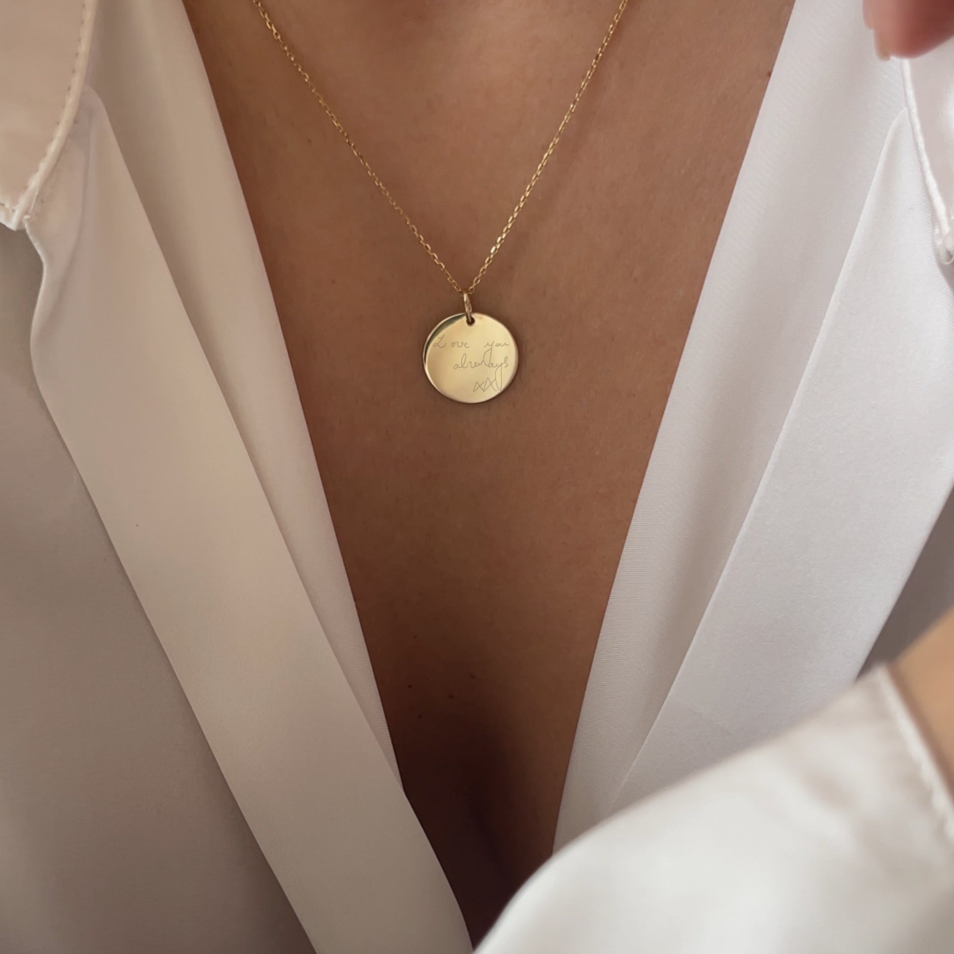 10K solid gold Actual Handwriting Personalized Custom Memorial Engraved Love you always Pendant on a necklace