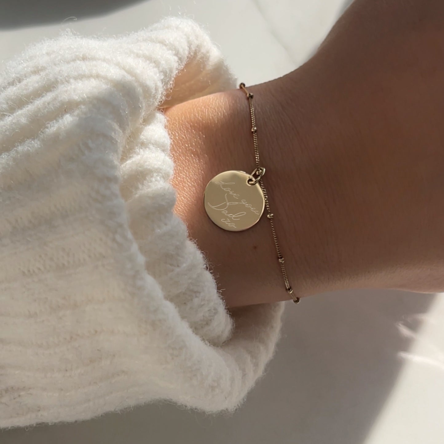 10K solid gold Actual Handwriting Personalized Custom Memorial Engraved Love you dad Pendant on a bracelet for woman