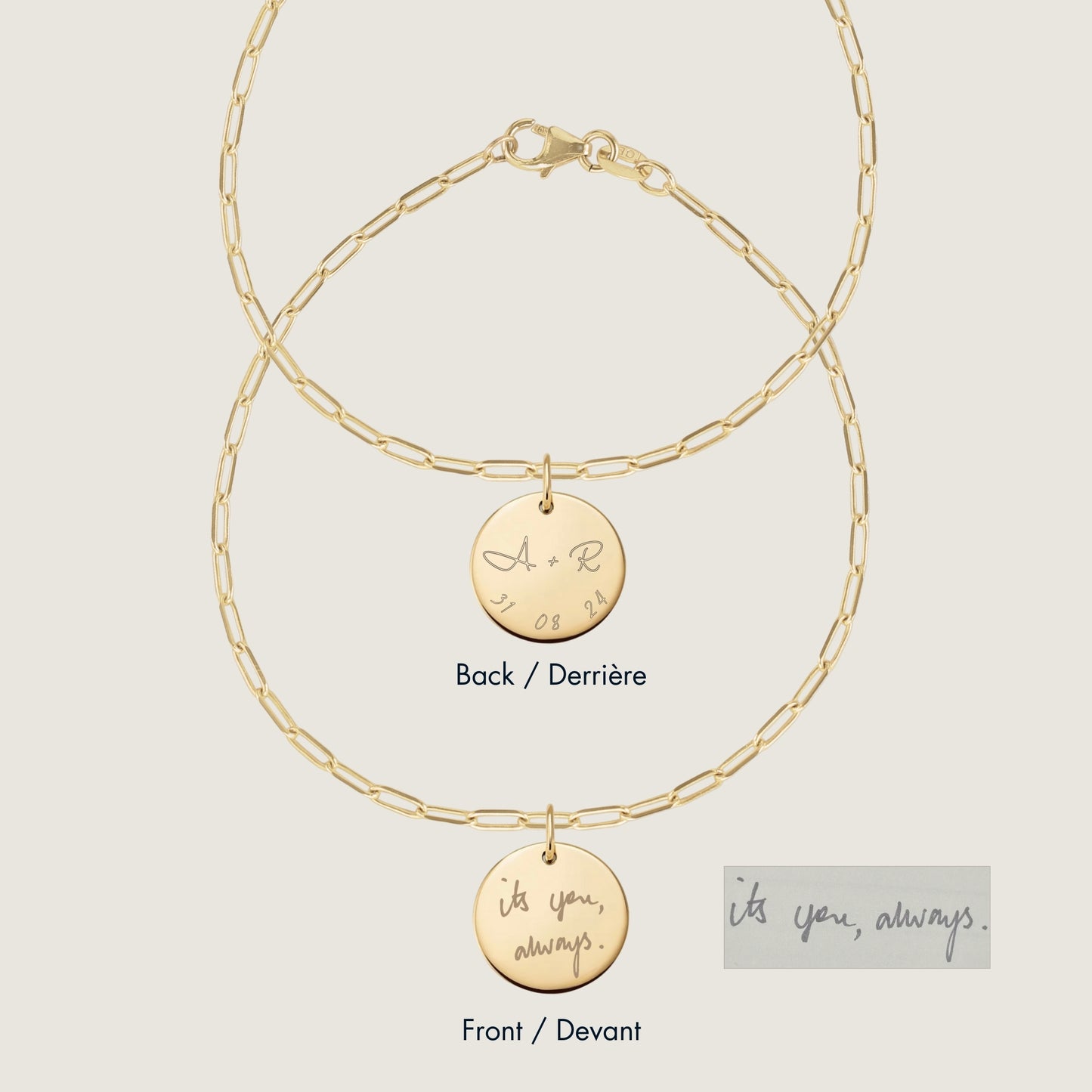 10K solid gold Actual  Handwriting Personalized Custom Memorial Engraved Paperclip Double Sided Bracelet