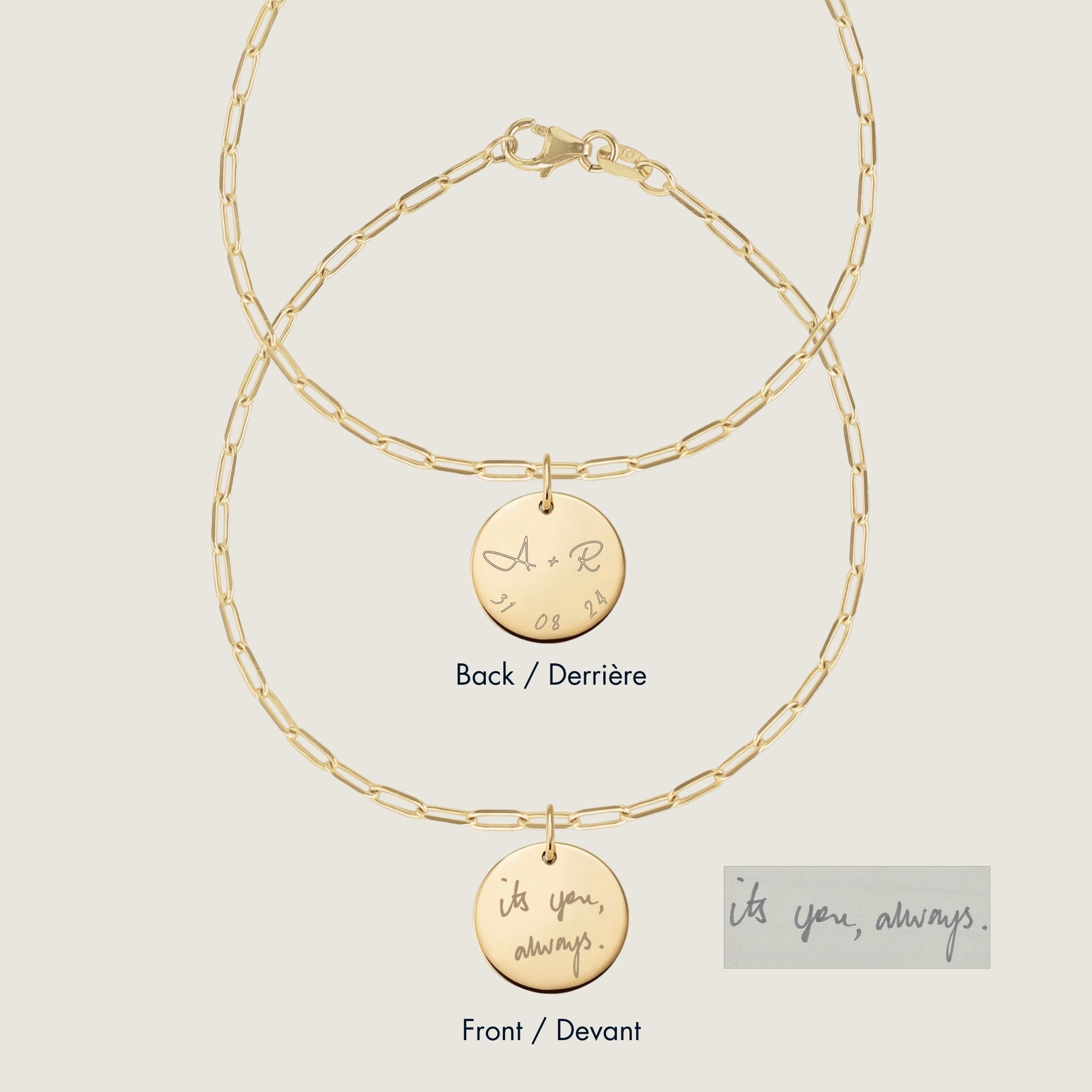 10K solid gold Actual  Handwriting Personalized Custom Memorial Engraved Paperclip Double Sided Bracelet