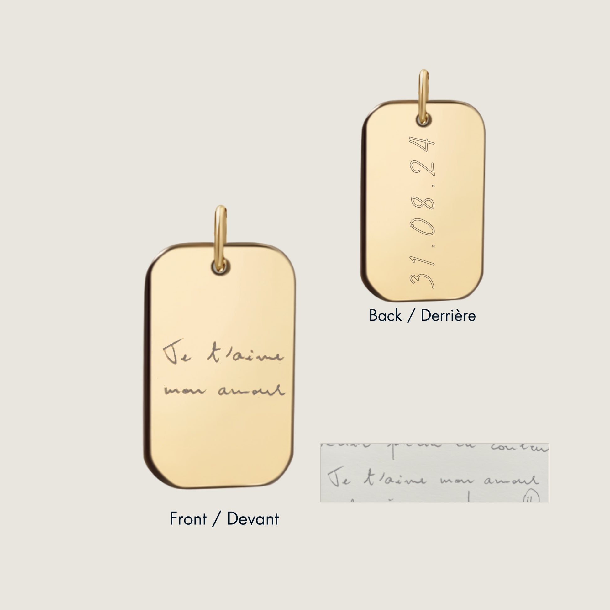 10K solid gold Actual Handwriting Personalized Custom Memorial Engraved Rectangle Double Sided Pendant