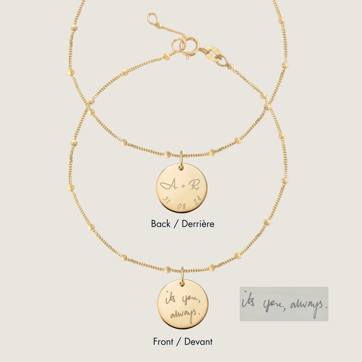 10K solid gold Actual Handwriting Personalized Custom Memorial Engraved Sphere Double Sided Bracelet