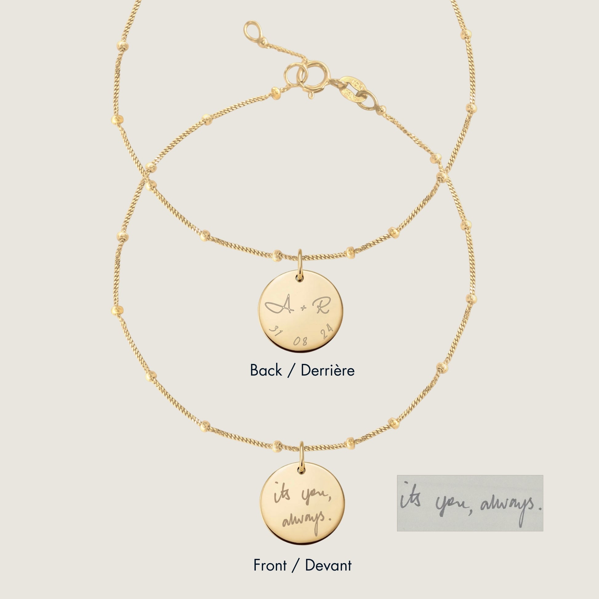 10K solid gold Actual Handwriting Personalized Custom Memorial Engraved Sphere Double Sided Bracelet