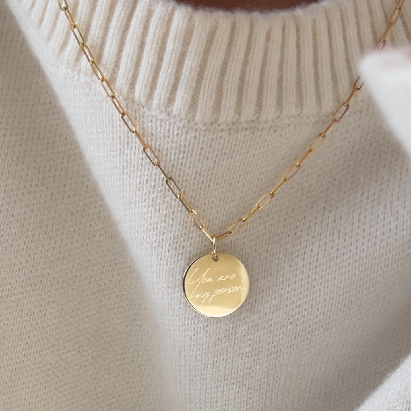 10K solid gold Actual Handwriting Personalized Custom Memorial Engraved you are my person pendant on a paperclip chain necklace