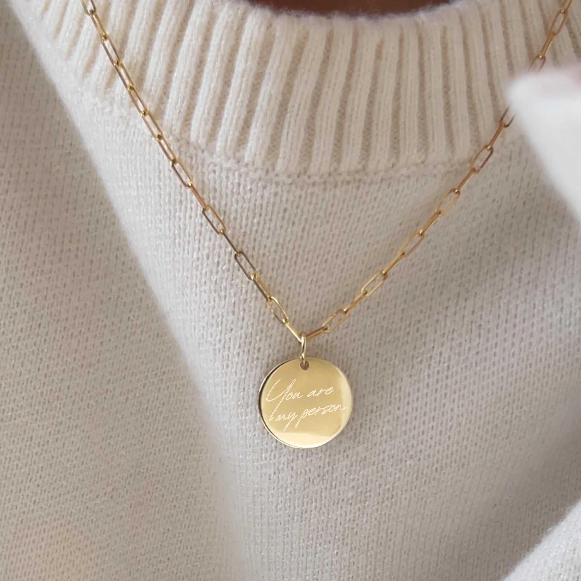 10K solid gold Actual Handwriting Personalized Custom Memorial Engraved you are my person pendant on a paperclip chain necklace