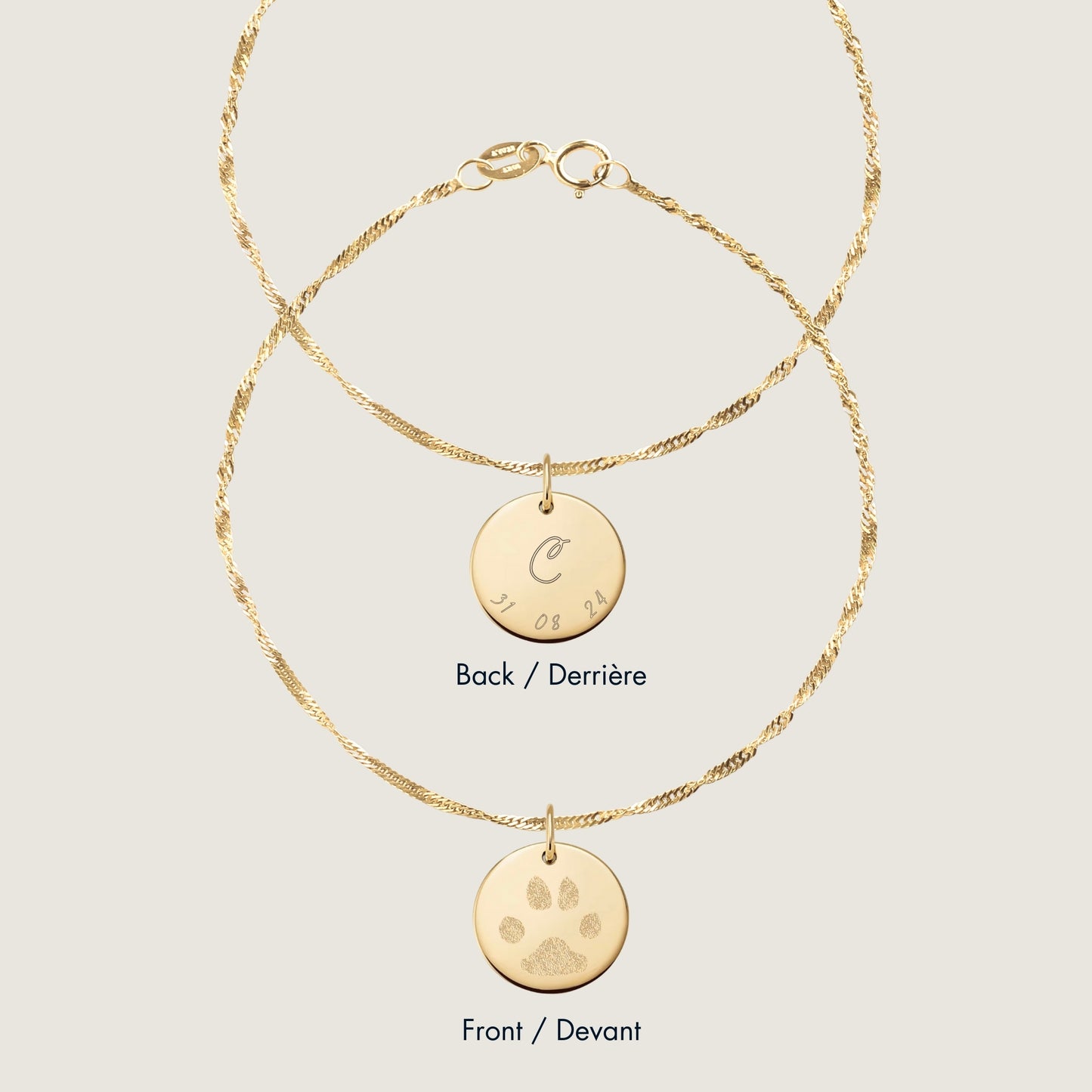 10K solid gold Actual Paw print Personalized Custom Memorial Engraved Double Sided Twisted Bracelet