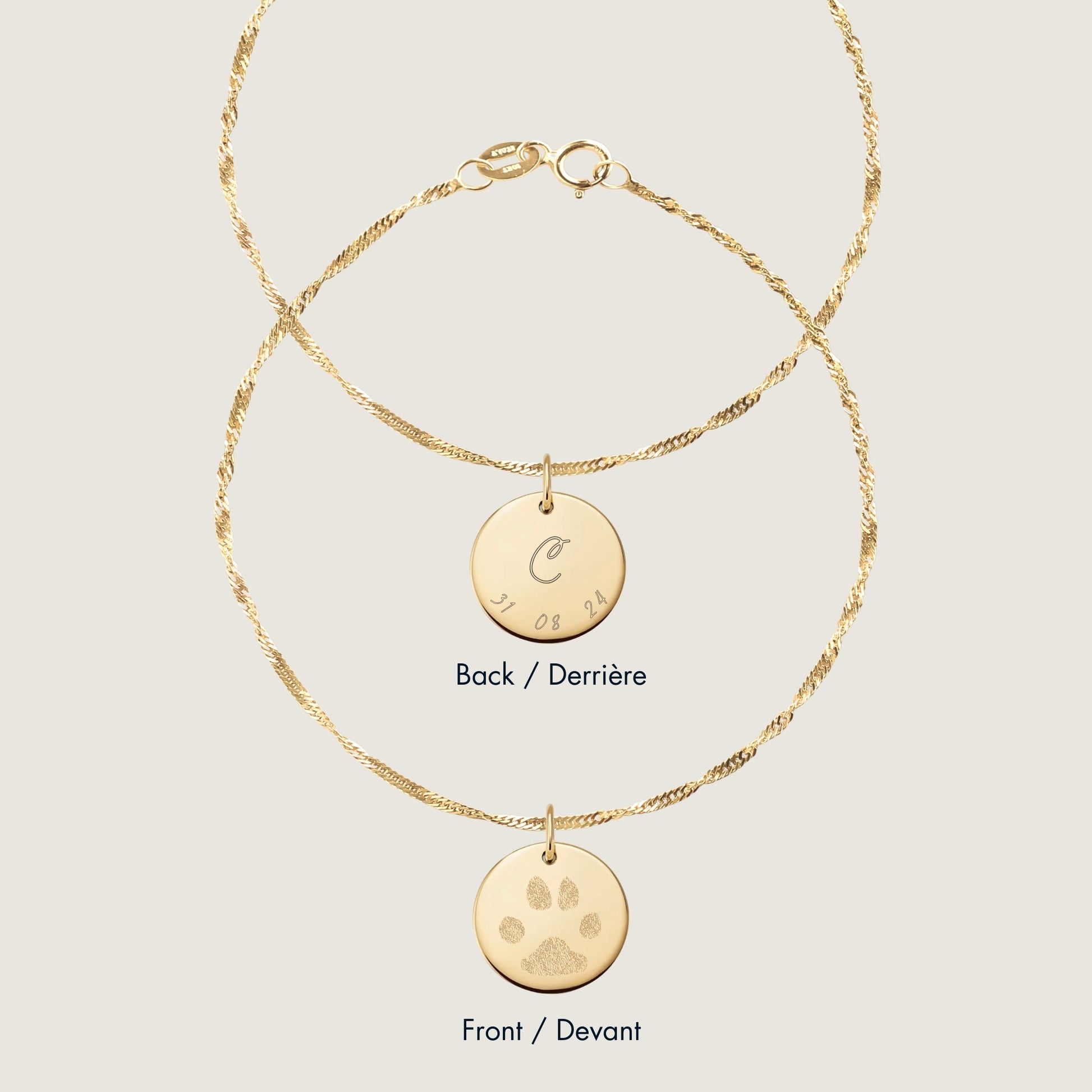 10K solid gold Actual Paw print Personalized Custom Memorial Engraved Double Sided Twisted Bracelet