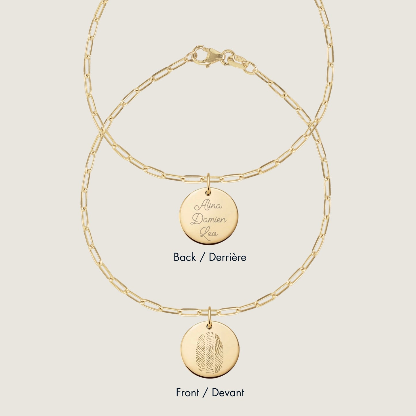 10K solid gold Actual Three Fingerprint Personalized Custom Memorial Double Sided Engraved Paperclip Bracelet