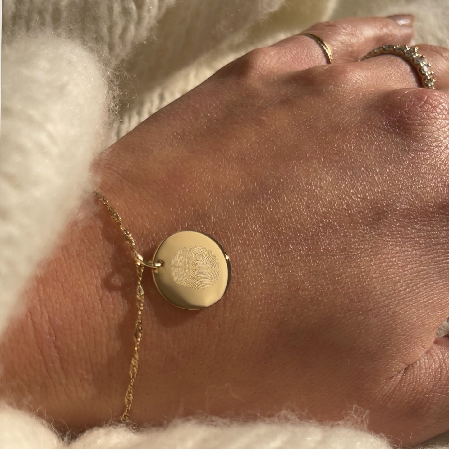 10K solid gold Actual Two Fingerprint Custom Memorial Engraved Twisted Chain Bracelet on woman's wrist