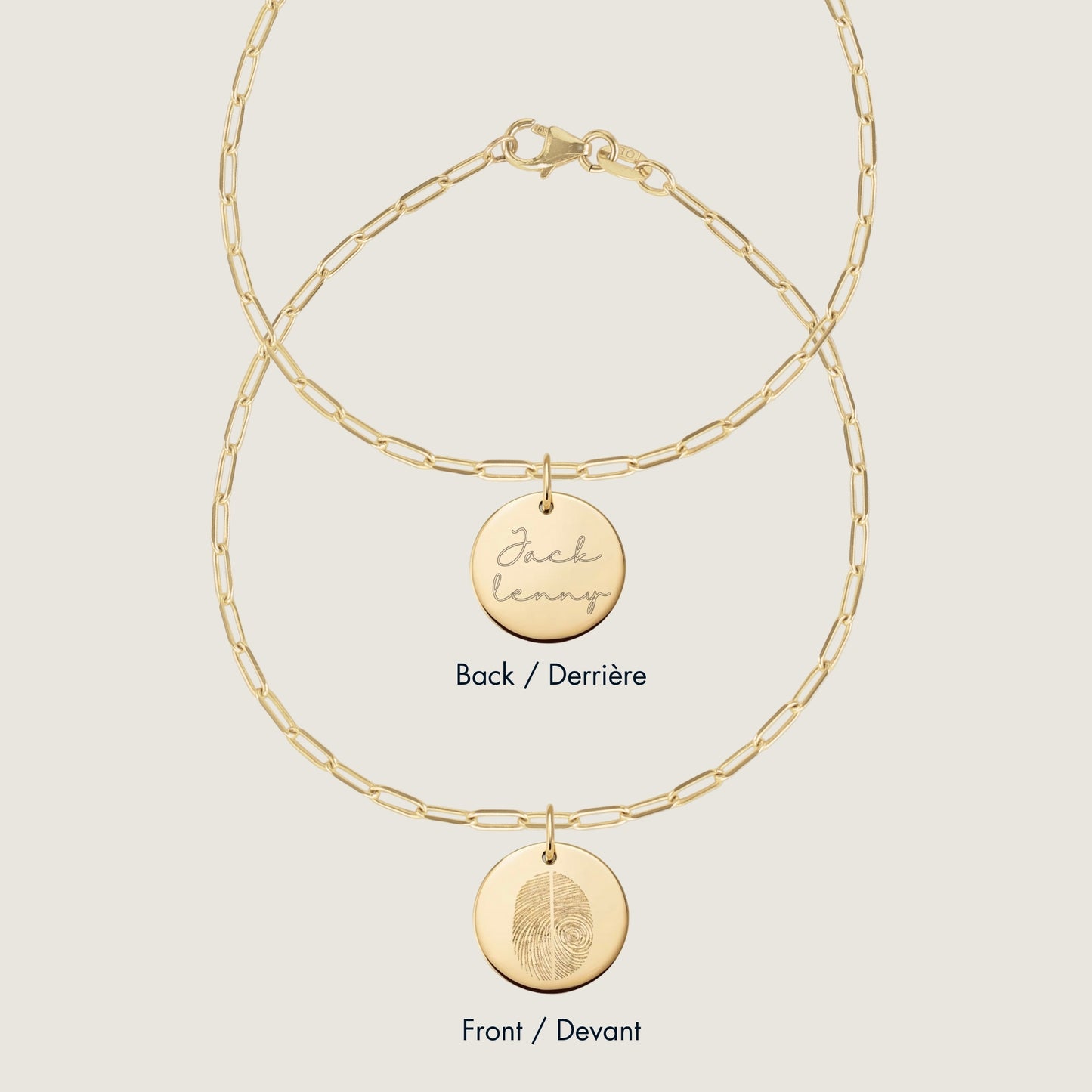 10K solid gold Actual Two Fingerprint Personalized Custom Memorial Engraved Double Sided Paperclip Bracelet