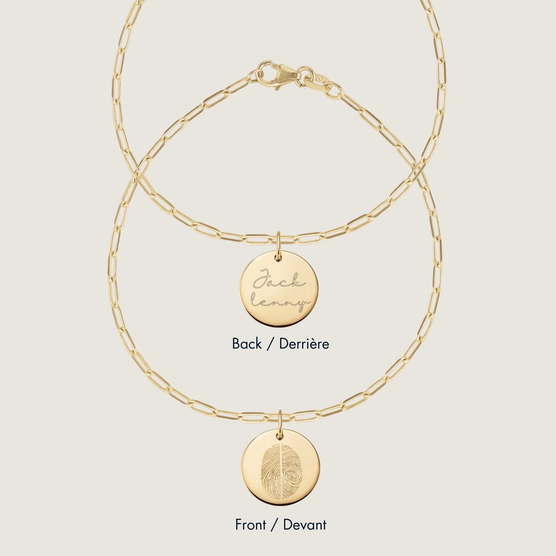 10K solid gold Actual Two Fingerprint Personalized Custom Memorial Engraved Double Sided Paperclip Bracelet