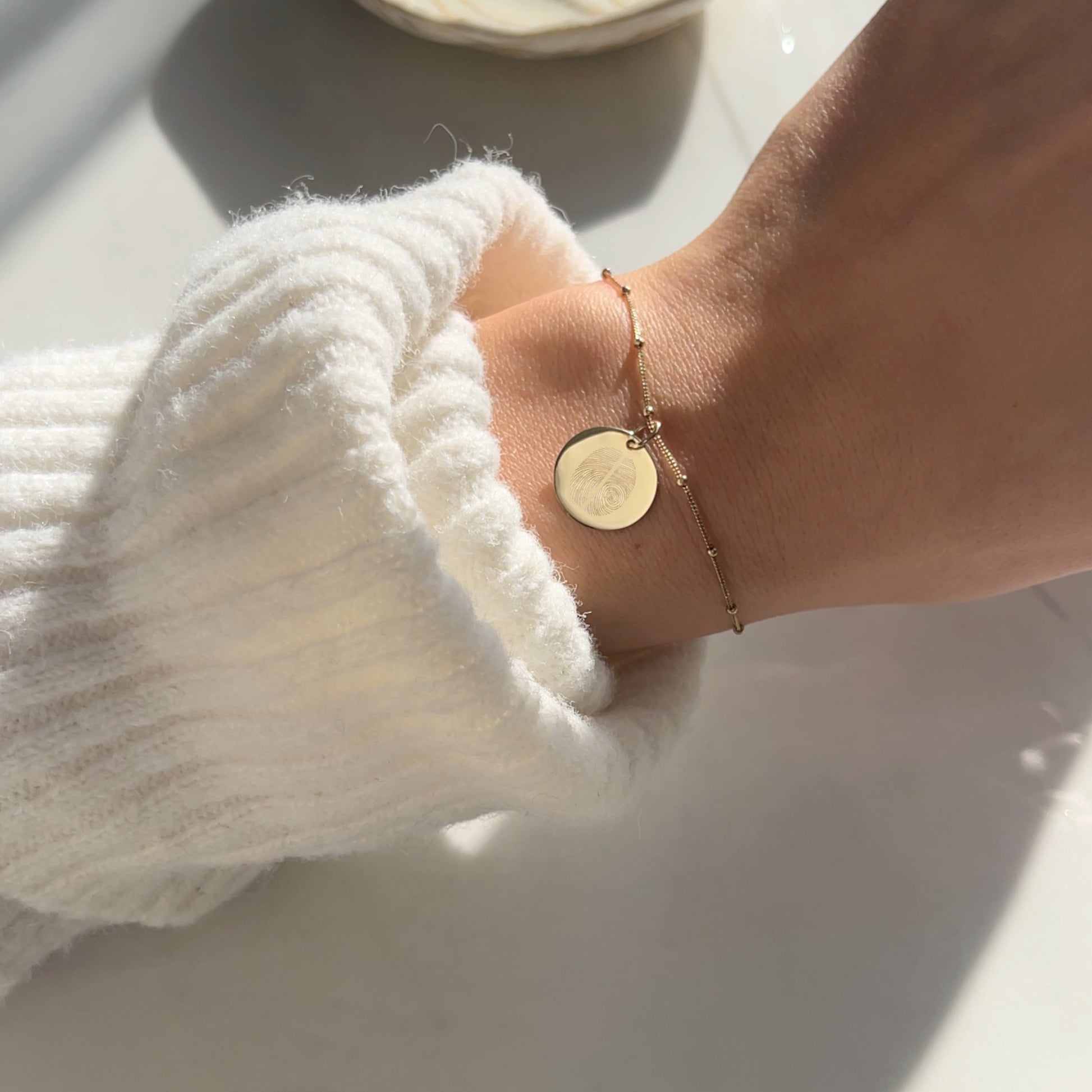 10K solid gold Actual Two fingerprint Personalized Custom Memorial Engraved Pendant on sphere bracelet for woman