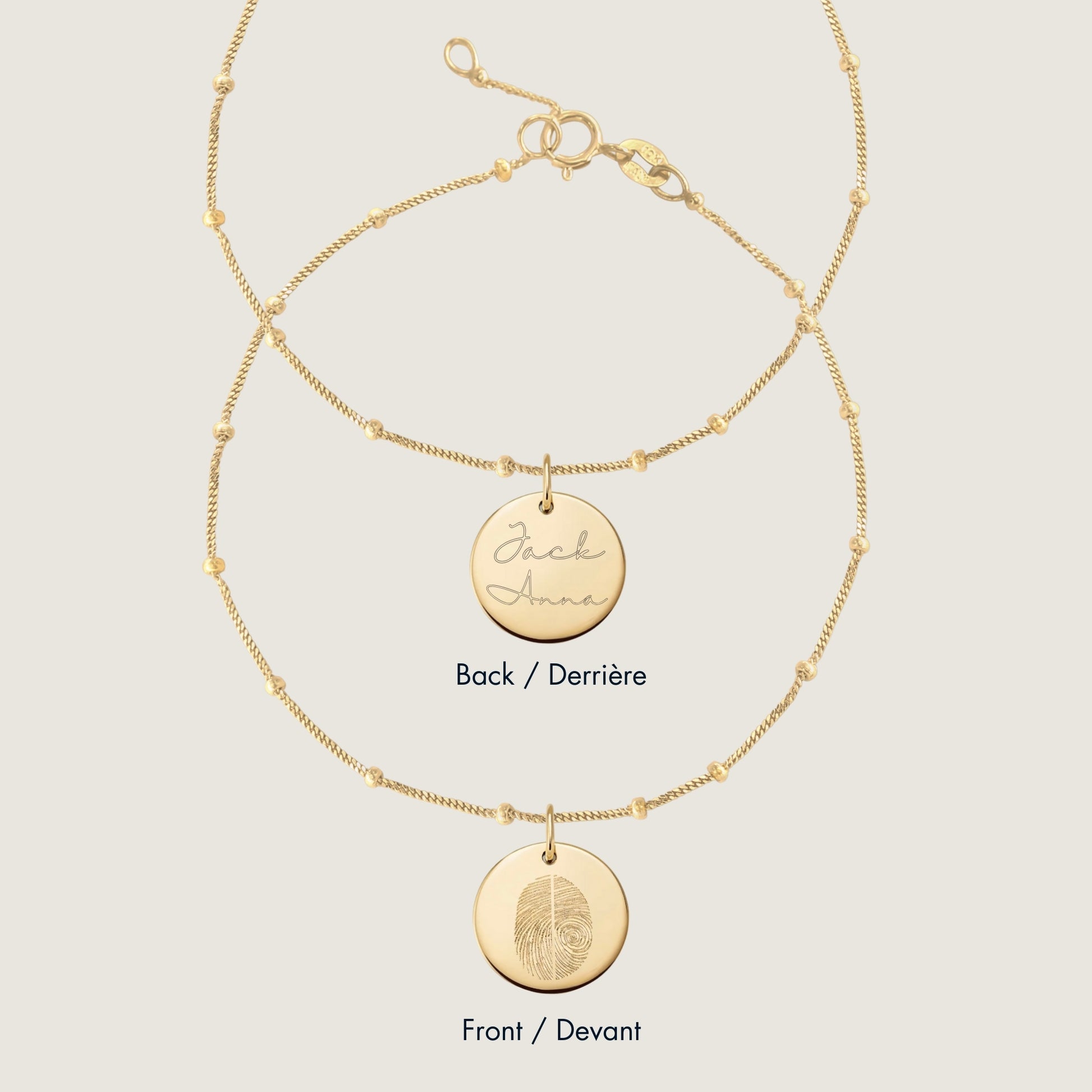 10K solid gold Actual  two fingerprint Personalized Custom Memorial Engraved Double Sided Sphere Bracelet