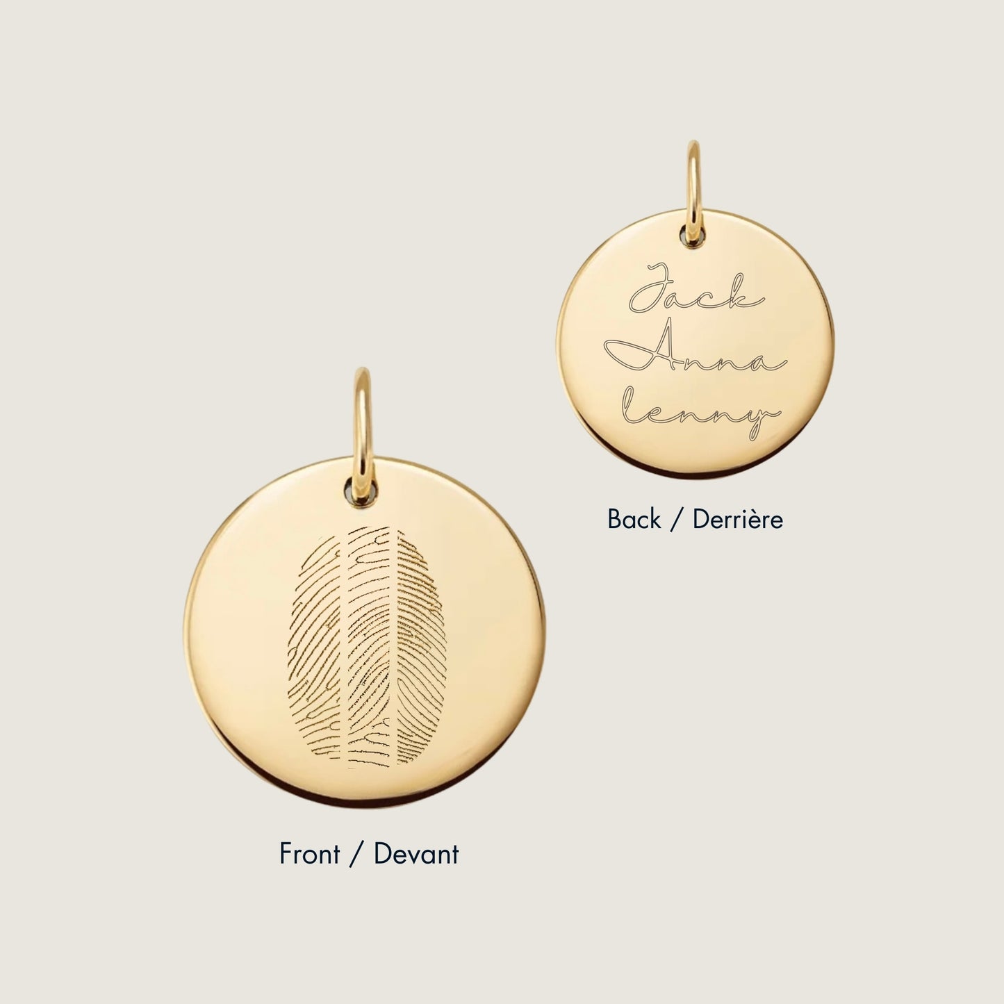 10K solid gold three fingerprint Personalized Custom Memorial Double Sided Engraved Pendant
