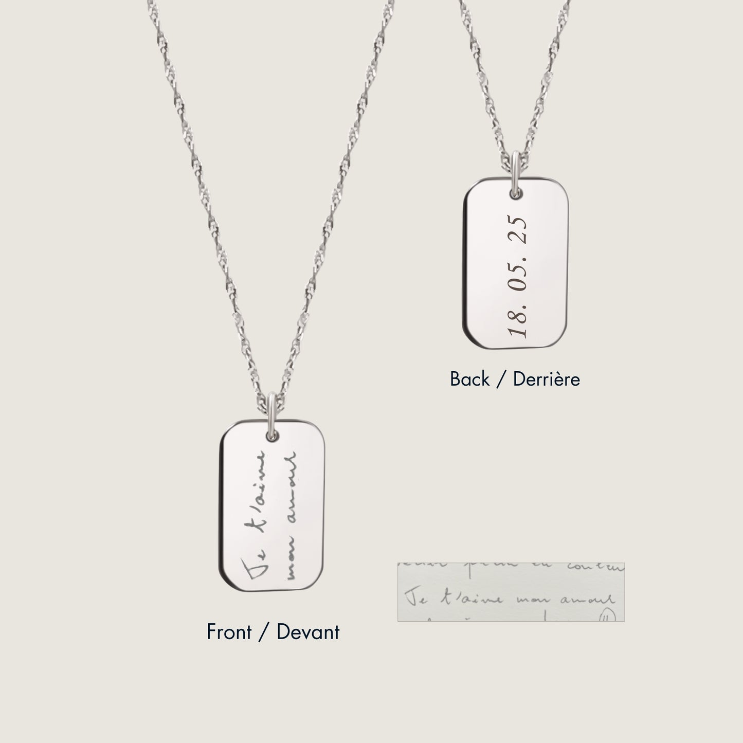 10K solid white gold Actual Handwriting Personalized Custom Memorial Double sided Engraved Rectangle Twisted Chain Necklace