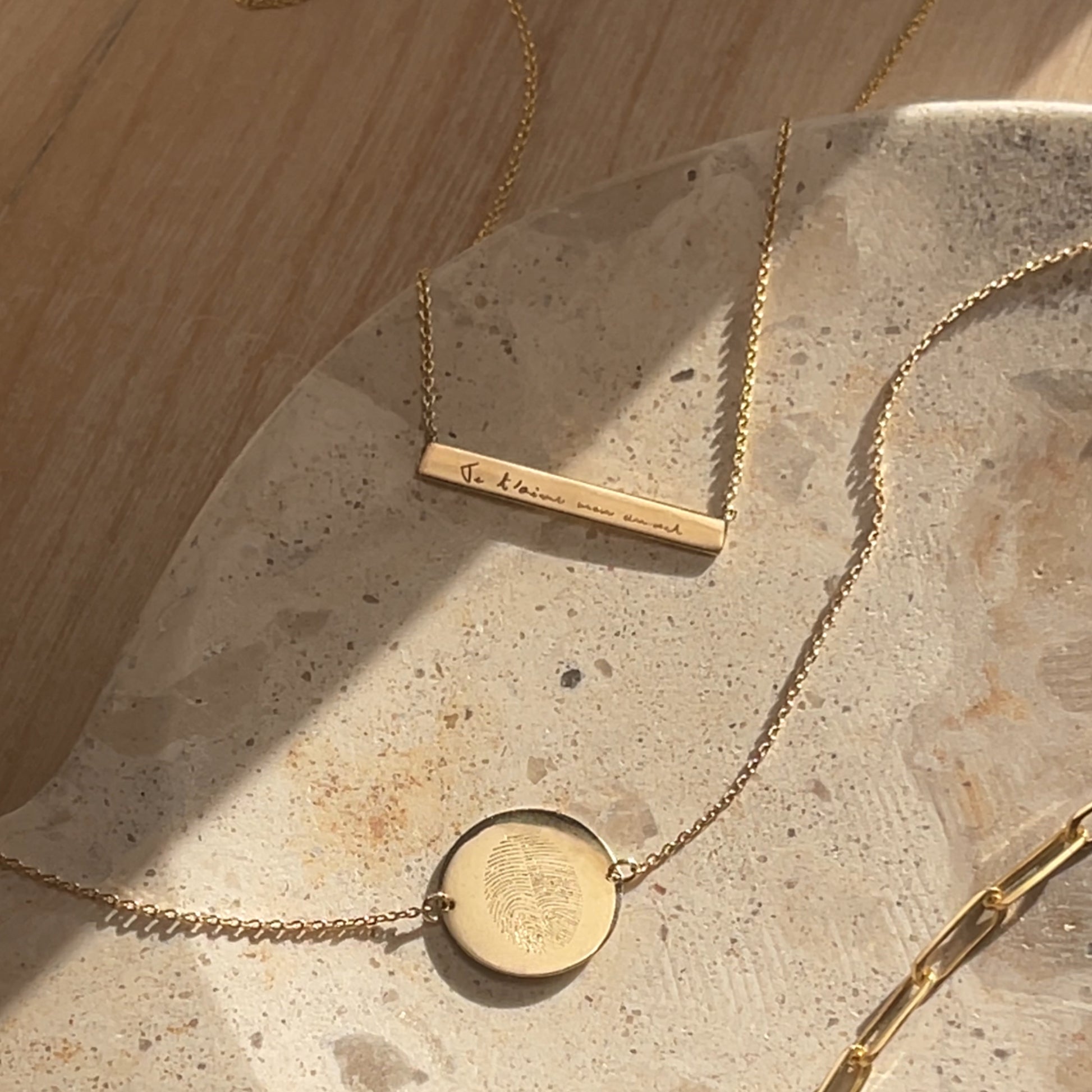 14K solid gold Actual Handwriting Personalized Custom Memorial Engraved Bar Necklace on marble