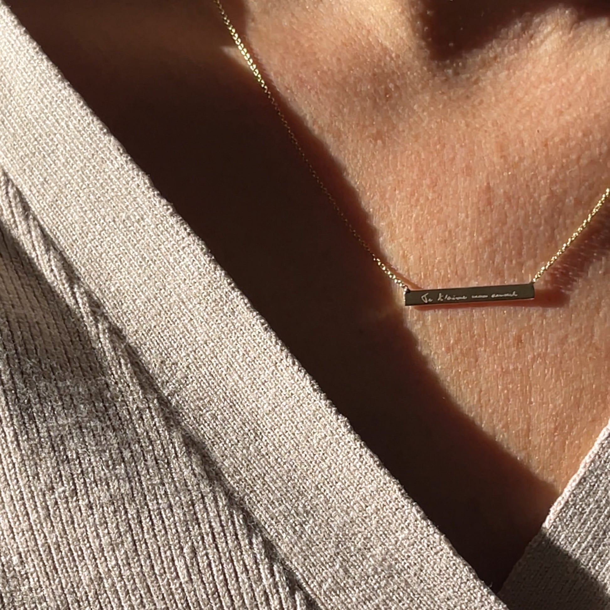 14K solid gold Actual Handwriting Personalized Custom Memorial Engraved Bar Necklace on woman