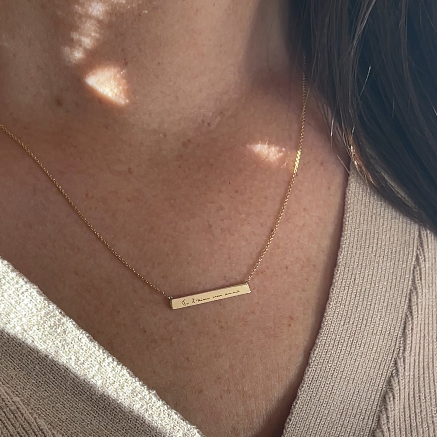 14K solid gold Actual Handwriting Personalized Custom Memorial Engraved Double Sided Bar Necklace Jewelry on woman