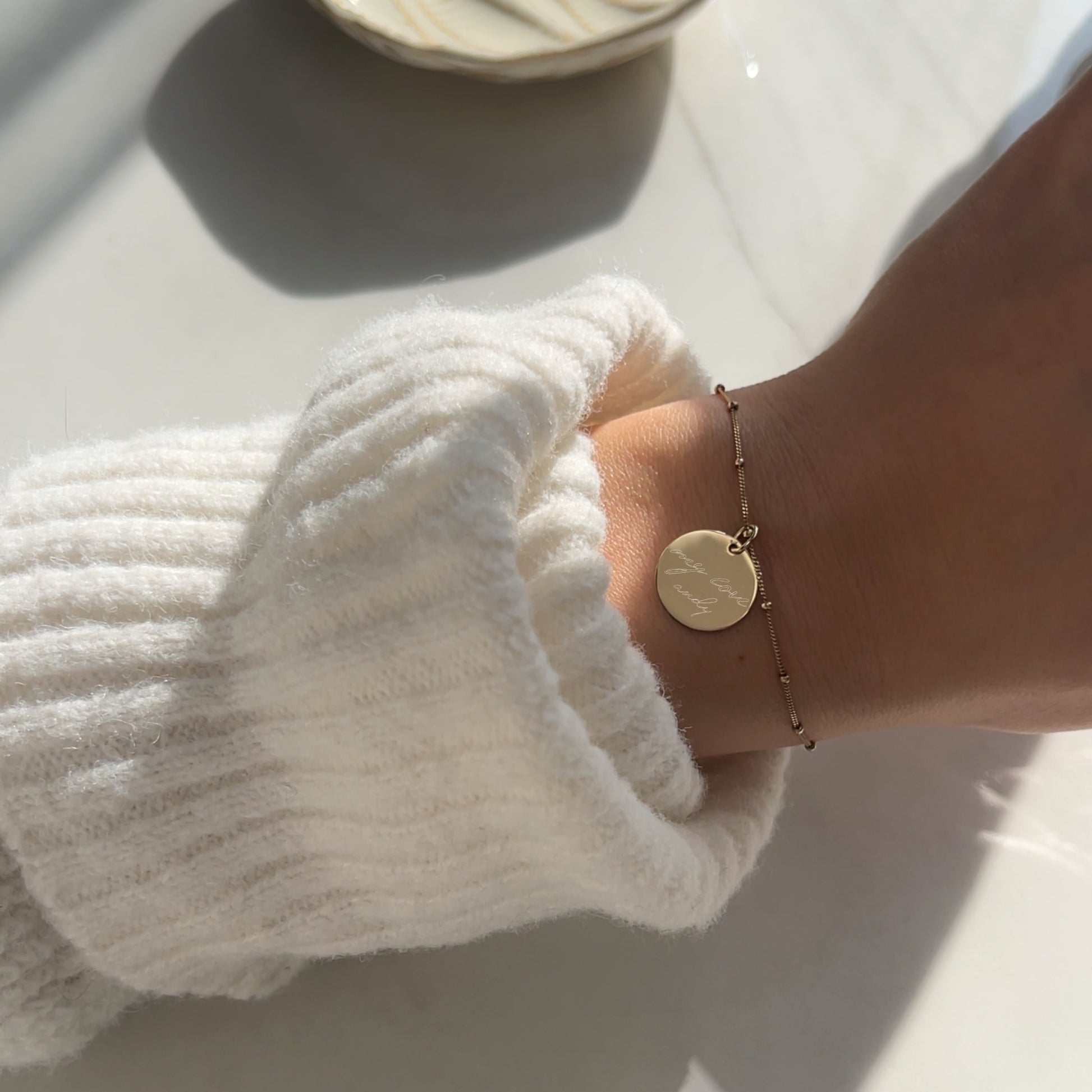 10K solid gold Actual Handwriting Personalized Custom Memorial Engraved with my Love Circle Pendant bracelet on wrist