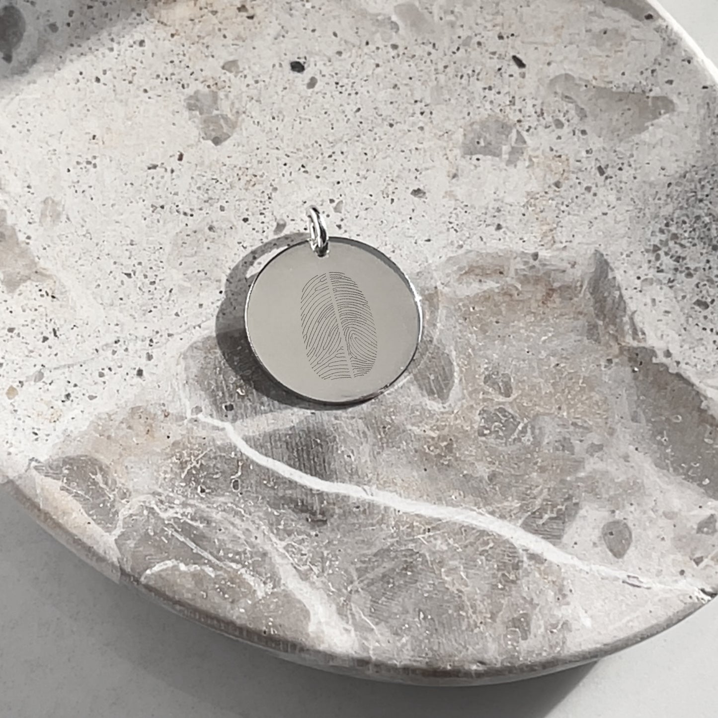 925 Sterling Silver Actual Two Fingerprint Personalized Custom Memorial Engraved Pendant in a bowl