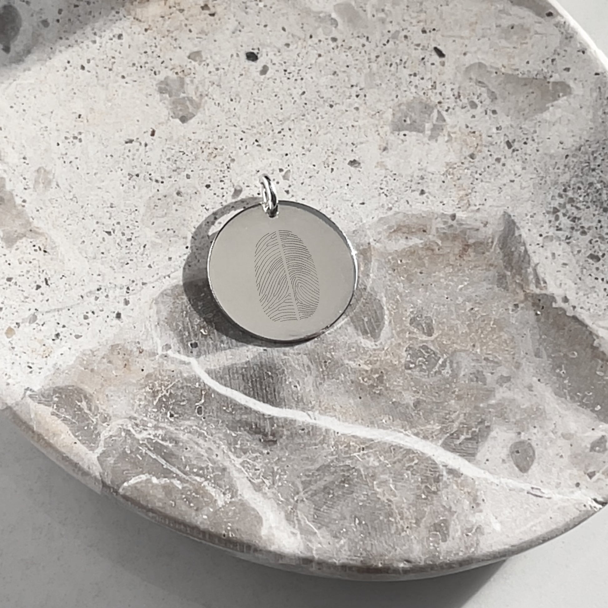 925 Sterling Silver Actual Two Fingerprint Personalized Custom Memorial Engraved Pendant in a bowl