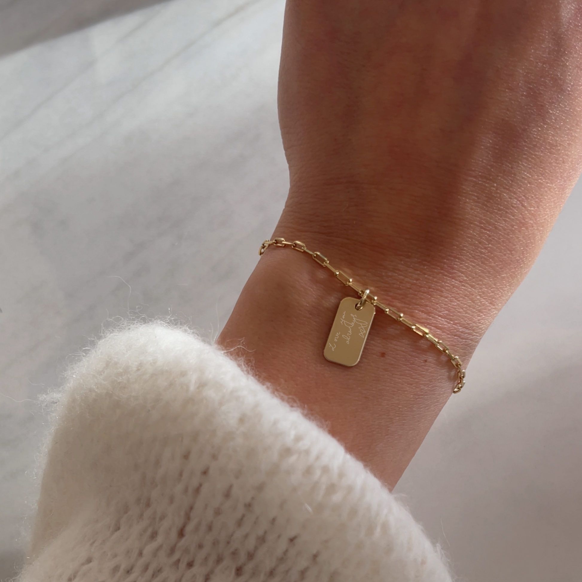 Actual Handwriting Paperclip chain Bracelet with 10K Solid Gold Rectangle Custom Memorial Jewelry on wrist engraved with Love You Always Close