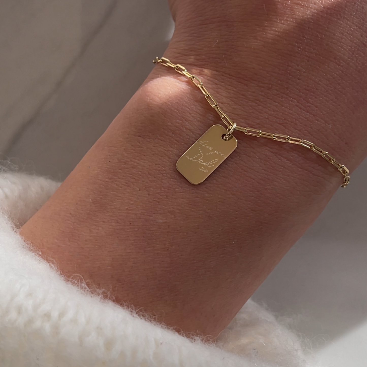 Actual Handwriting Paperclip chain Bracelet with 10K Solid Gold Rectangle Custom Memorial Jewelry on wrist engraved with Love You Dad Close