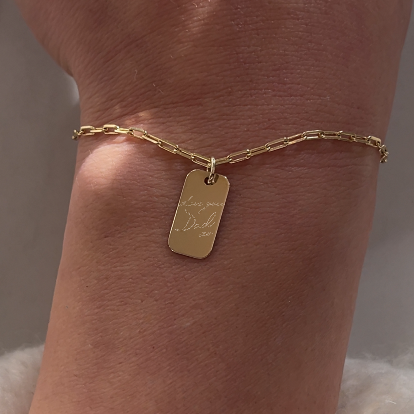 Actual Handwriting Paperclip chain Bracelet with 10K Solid Gold Rectangle Custom Memorial Jewelry on wrist engraved with Love You Dad