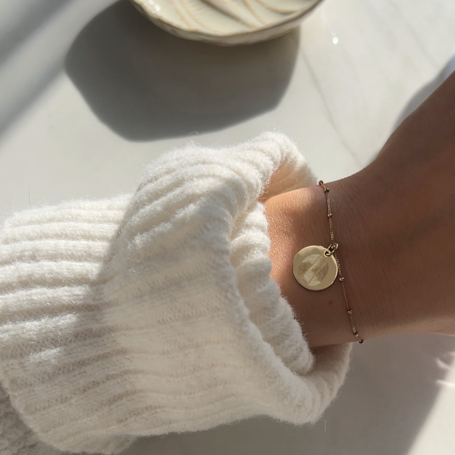 Woman wearing 10K solid gold Actual Three Fingerprint Personalized Custom Memorial Engraved Sphere Bracelet Jewelry