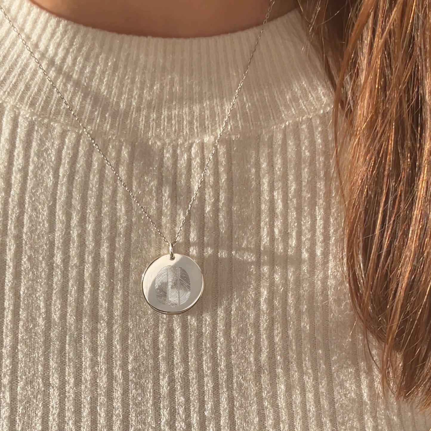 Woman wearing a 925 Sterling Silver Actual Three Fingerprint Personalized Custom Memorial Engraved Pendant