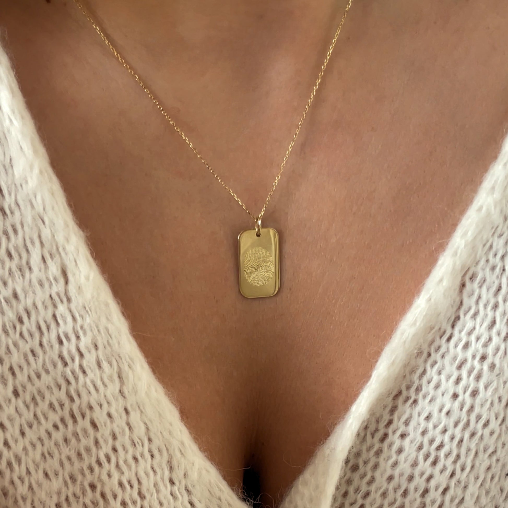 Woman with 10K solid gold Actual Fingerprint Personalized Rectangle Pendant Necklace