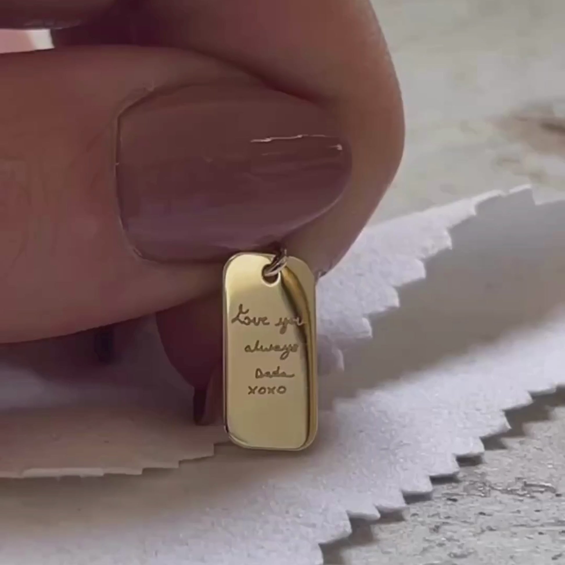 Video of a woman showing Love You Always 10K solid gold Actual Handwriting Personalized Custom Memorial Engraved Rectangle Pendant