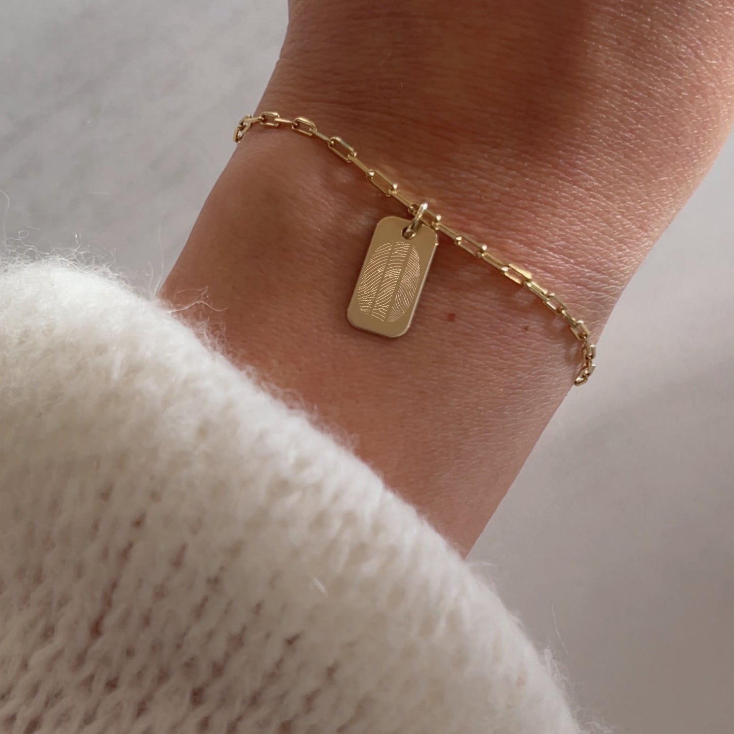 woman wearing 10K solid gold Actual Three fingerprint Personalized Custom Memorial Engraved Rectangle Double Sided Pendant