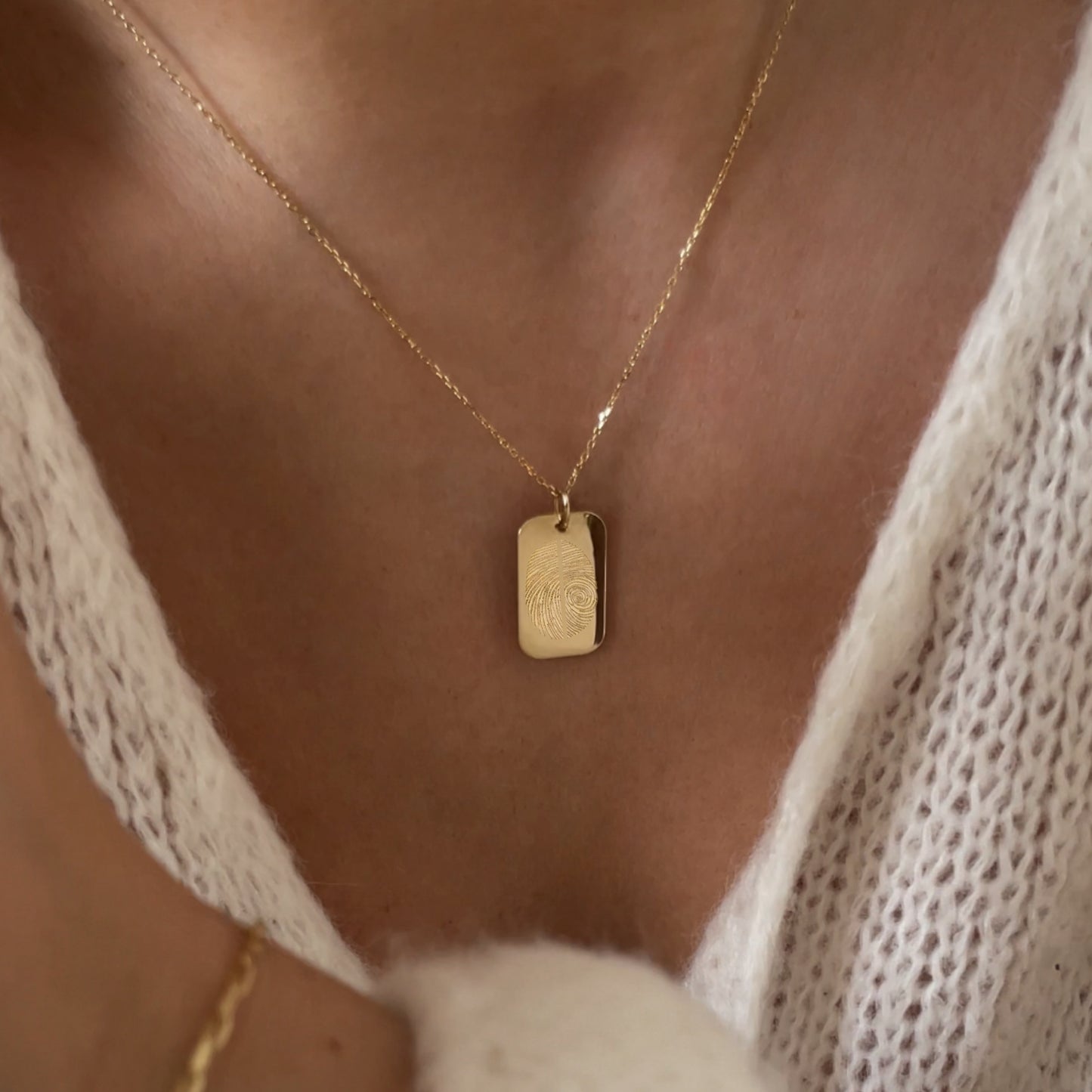 woman wearing 10K solid gold Actual Two fingerprint Personalized Custom Memorial Engraved Rectangle Pendant