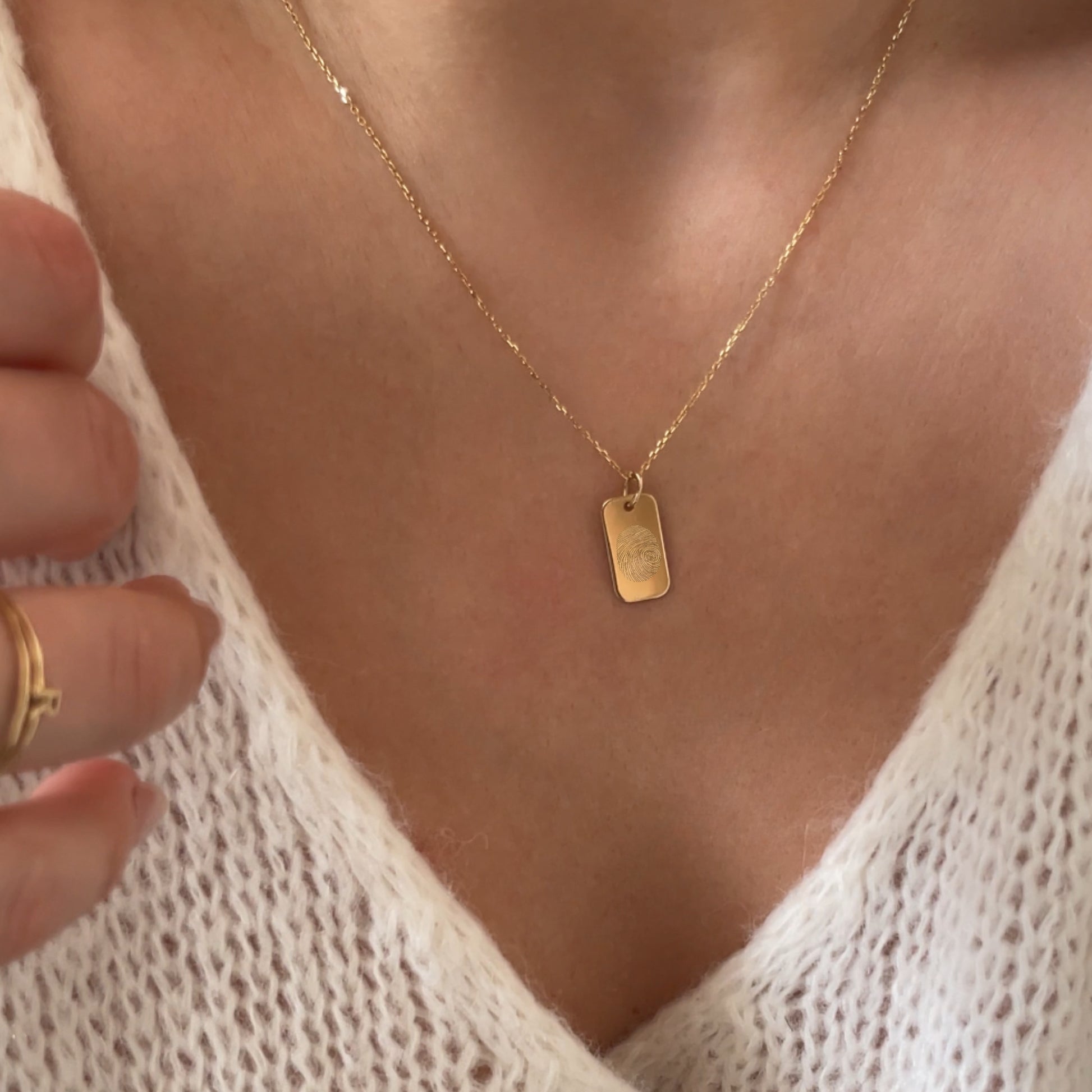 woman wearing a 10K solid gold Actual Fingerprint Personalized Custom Memorial Engraved Cable Chain Necklace