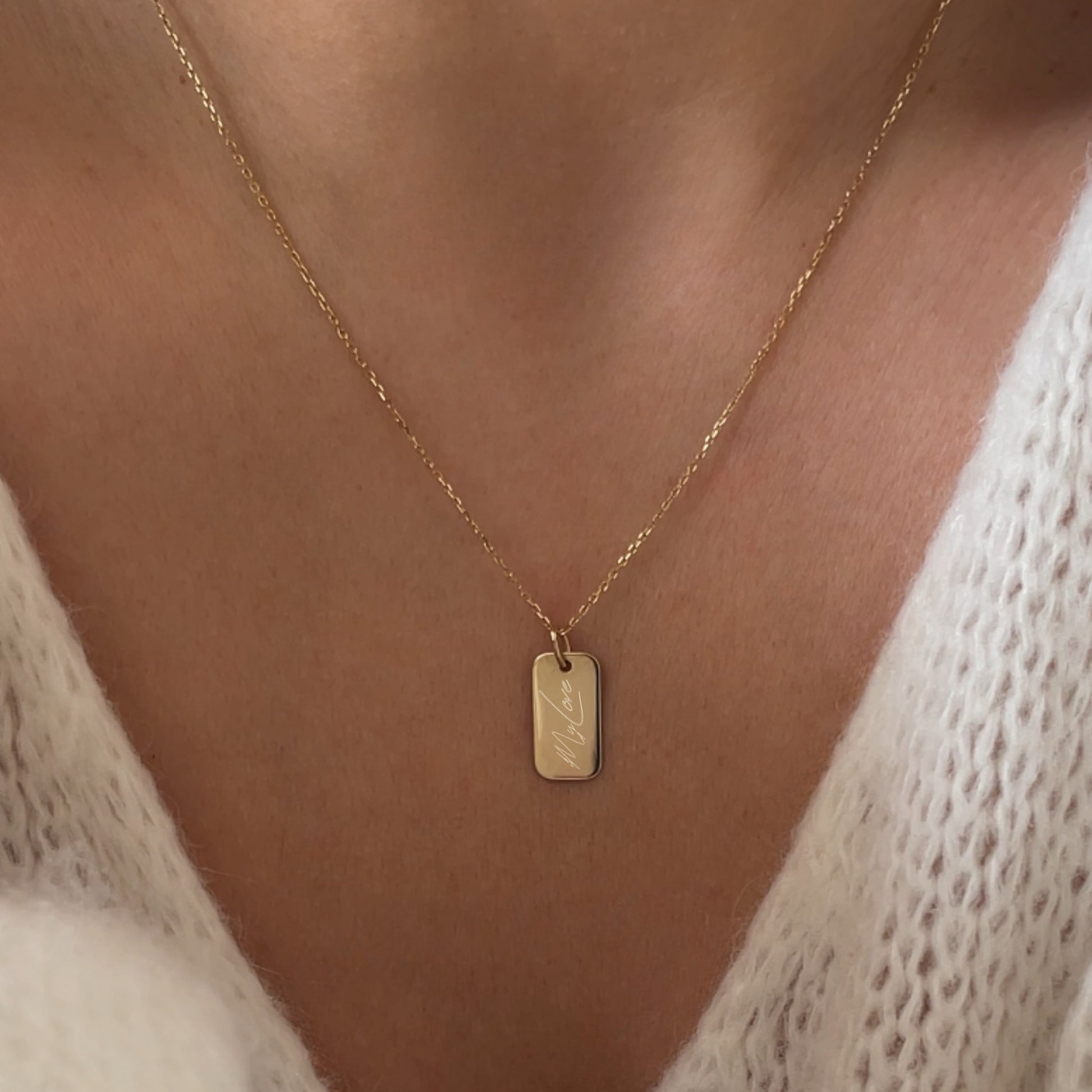 woman wearing a 'My Love' 10K solid gold Actual Handwriting Personalized Custom Memorial Engraved Rectangle Pendant Necklace