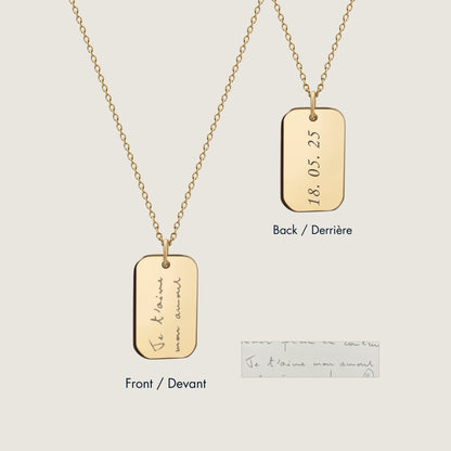 10K solid gold Actual Handwriting Personalized Custom Memorial Double Sided Engraved Rectangle Cable Chain Necklace