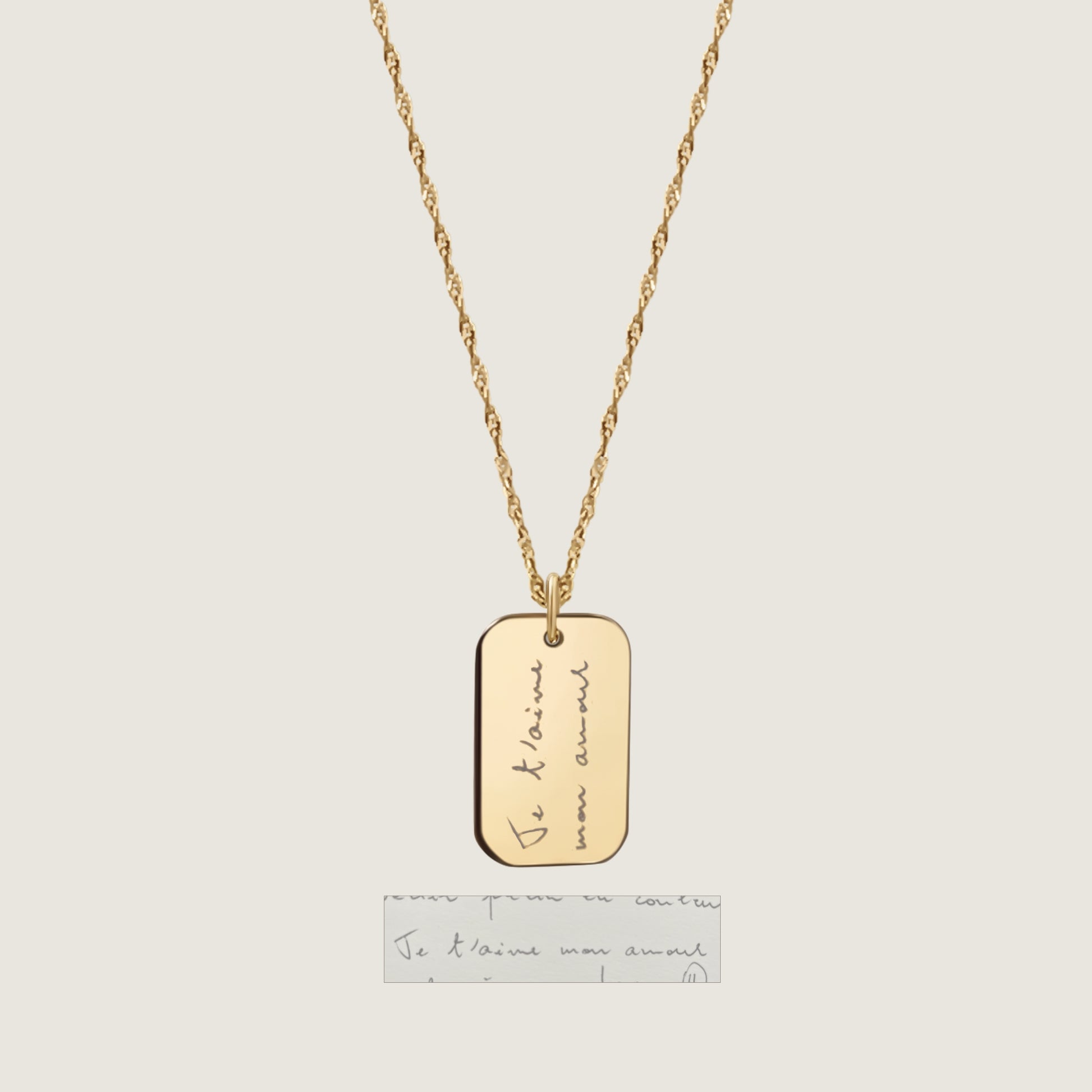 10K solid gold Actual Handwriting Personalized Custom Memorial Engraved Rectangle Twisted Chain Necklace